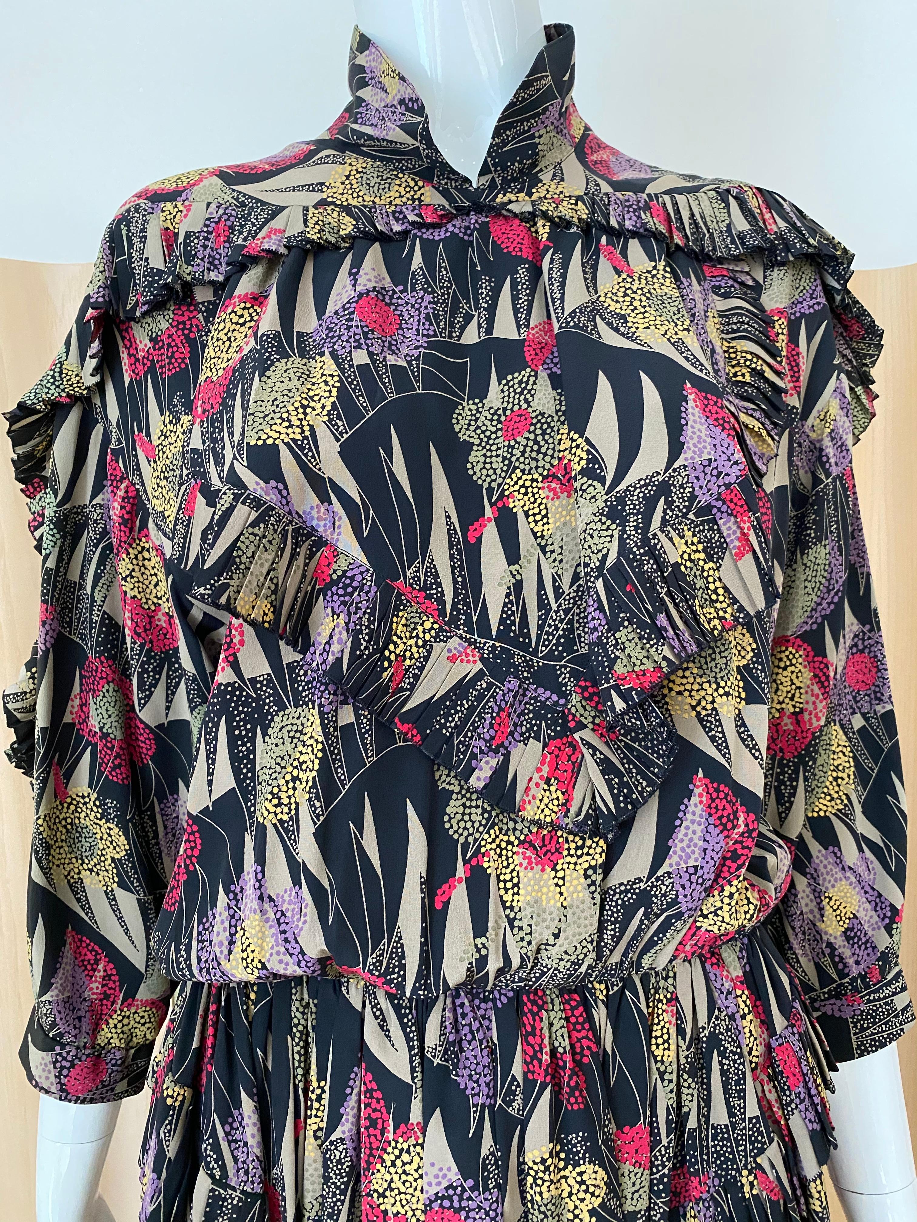 Black 1980s Chloe Silk Print Dress with nehru collar. For Sale