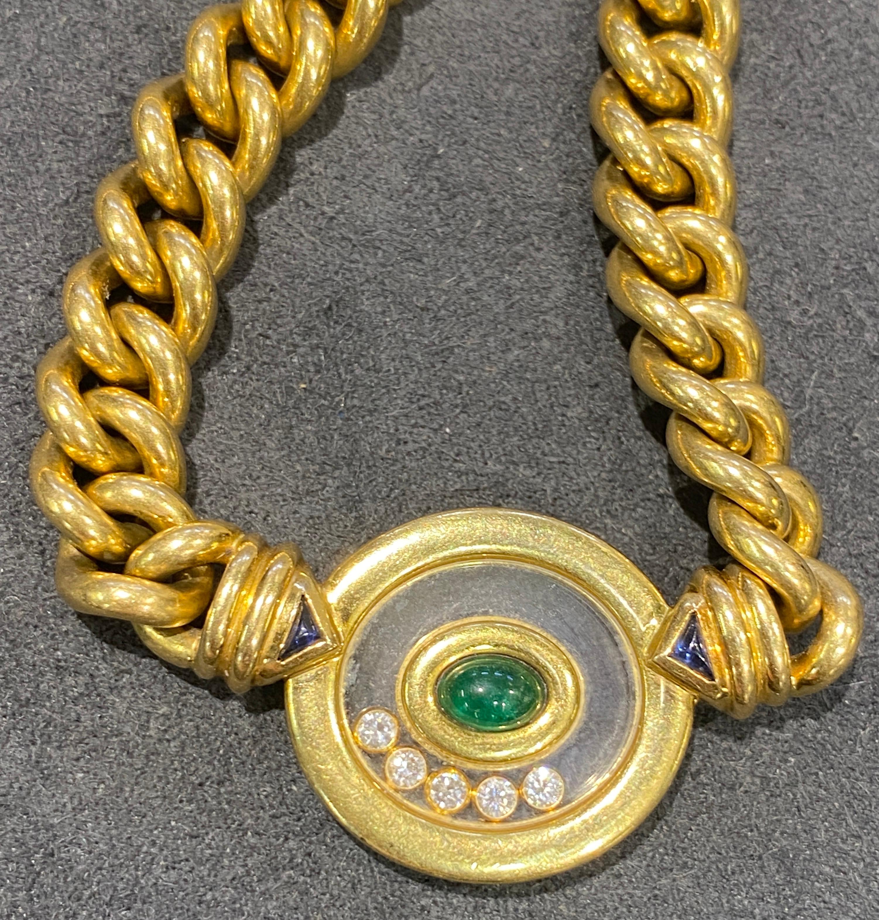 Modern 1980s Chopard 18k gold chain necklace with cabochon emerald and 5 Happy diamonds