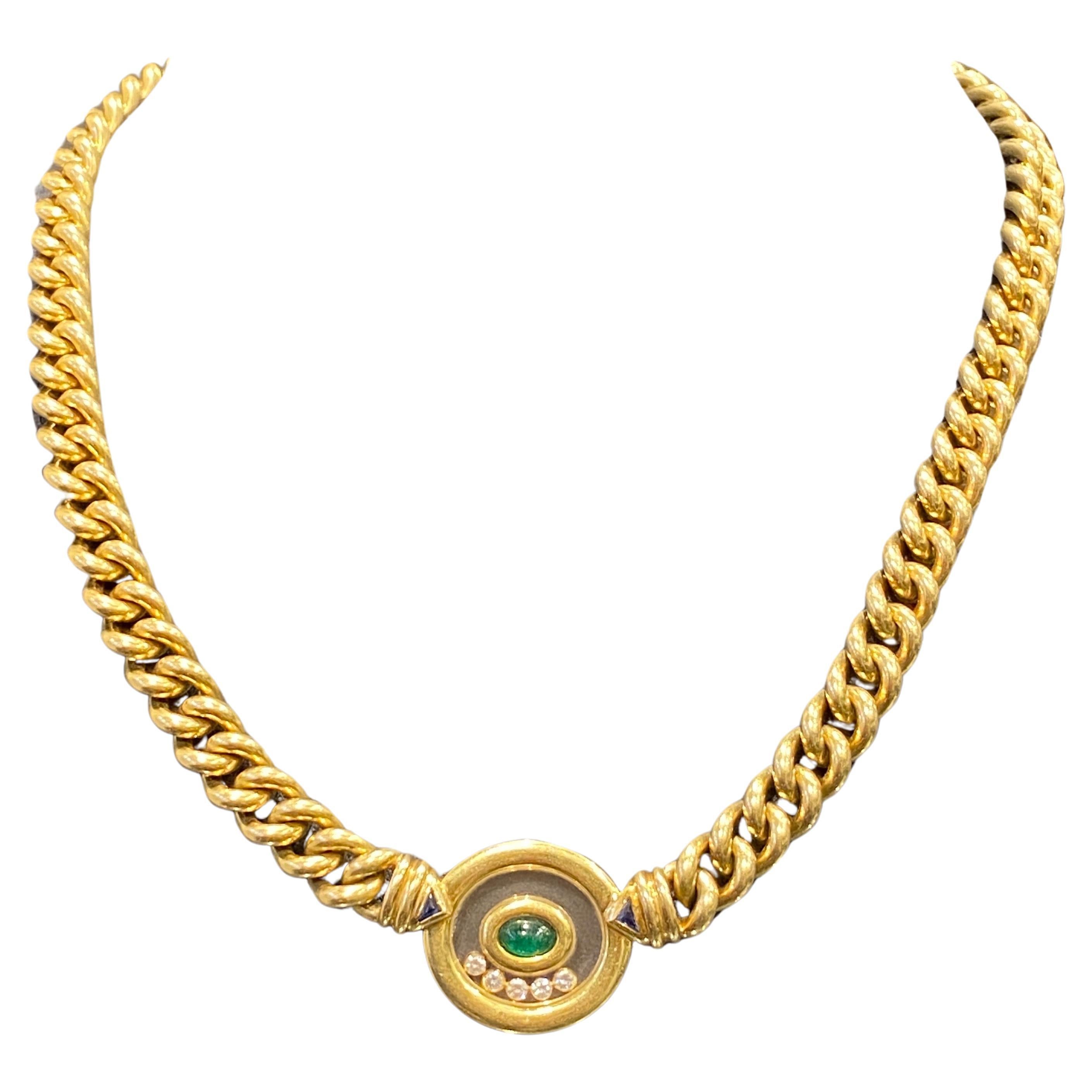 1980s Chopard 18k gold chain necklace with cabochon emerald and 5 Happy diamonds
