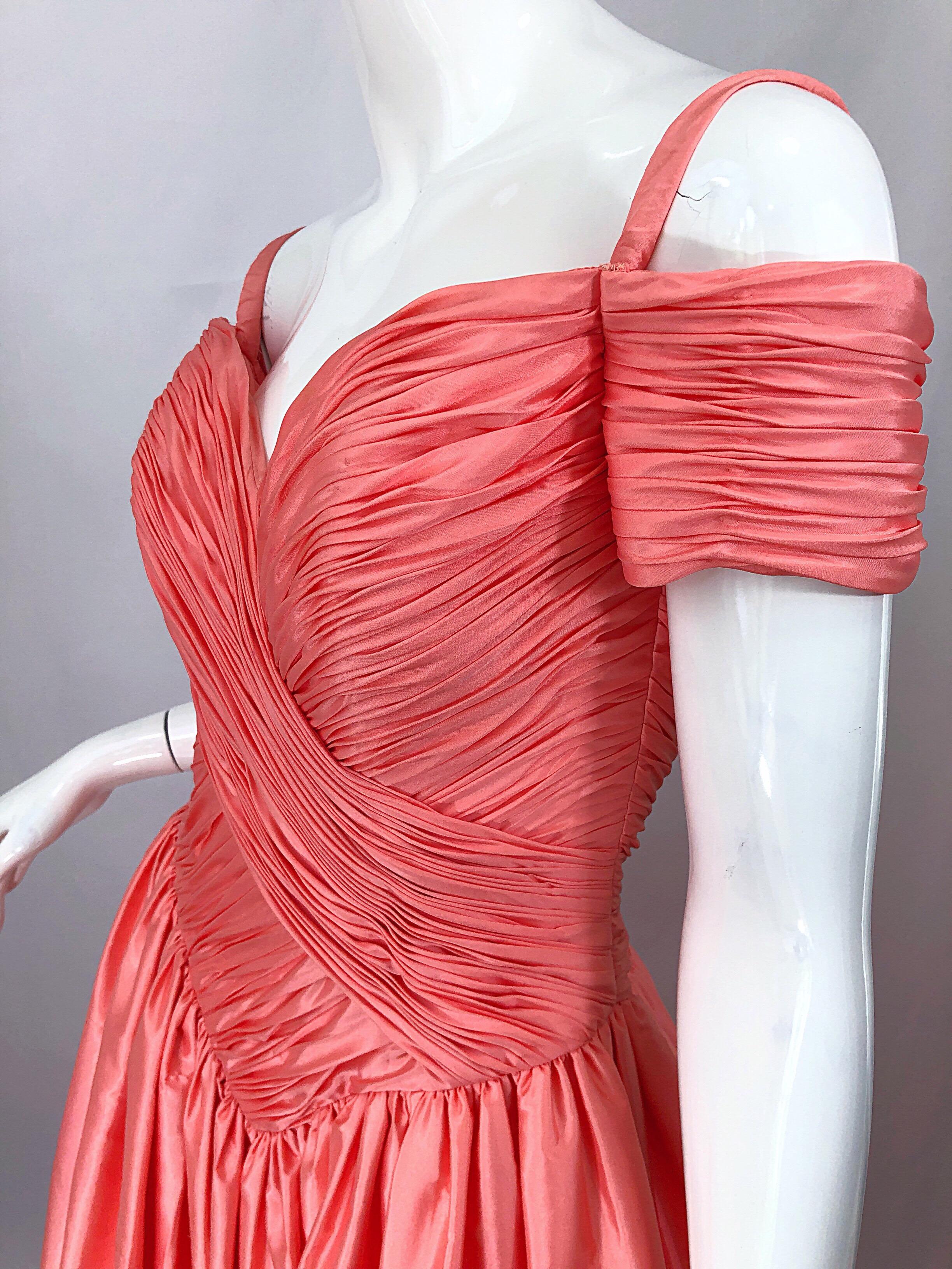 1980s Chris Kole Coral Pink Size 6 Off the Shoulder Silk Taffeta Vintage Gown For Sale 3
