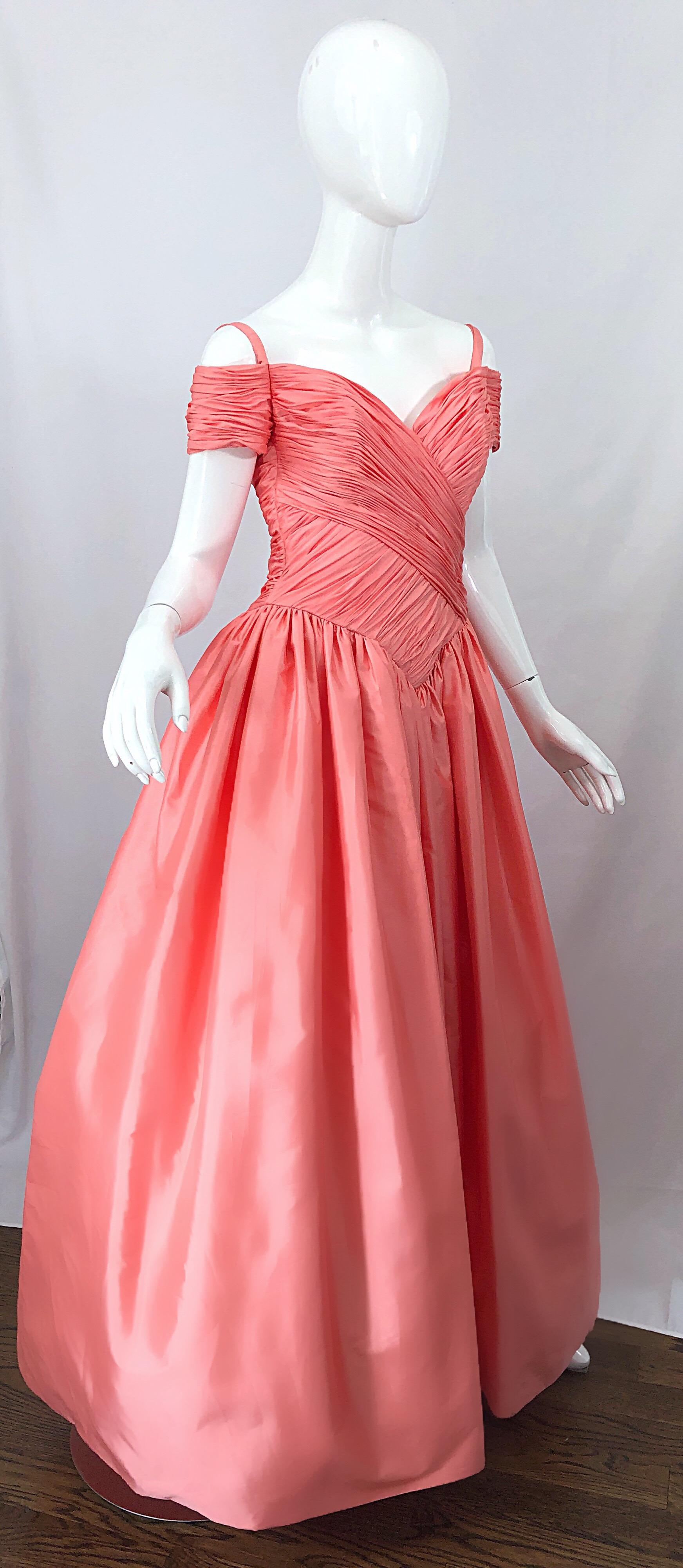 1980s Chris Kole Coral Pink Size 6 Off the Shoulder Silk Taffeta Vintage Gown For Sale 6