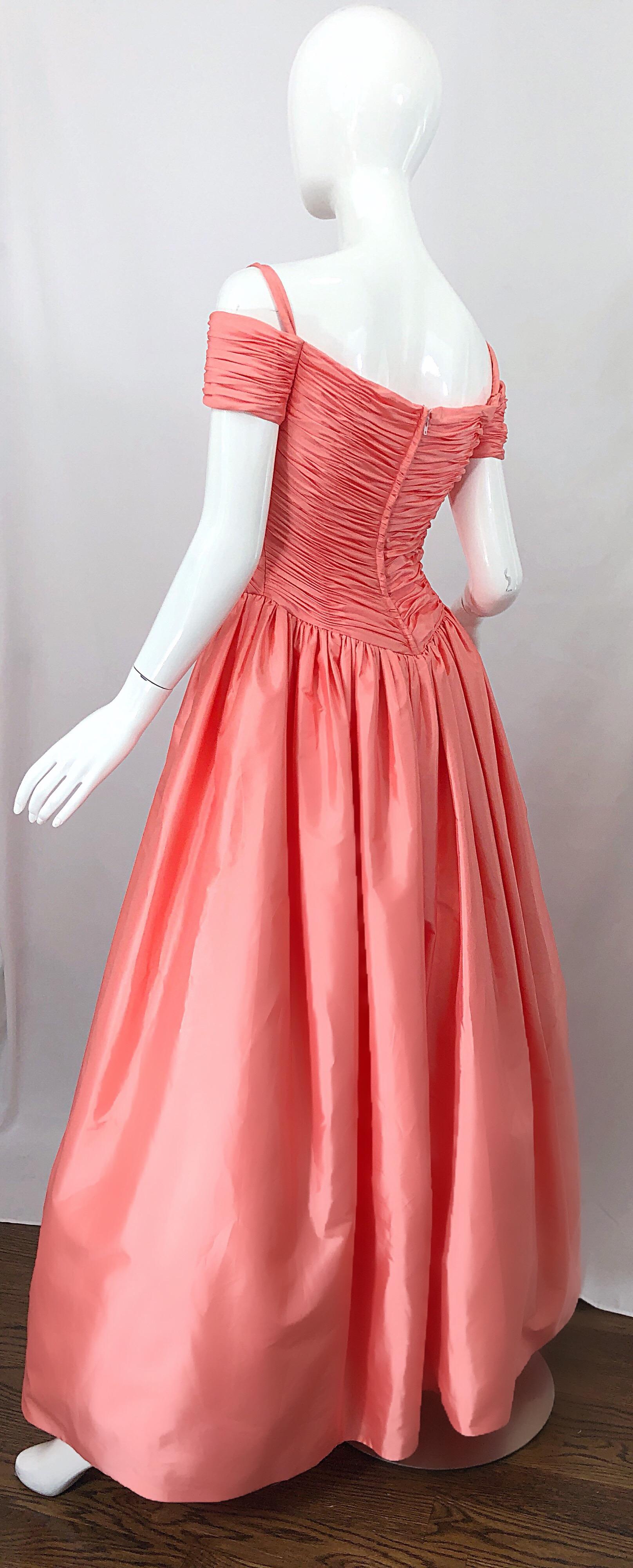 1980s Chris Kole Coral Pink Size 6 Off the Shoulder Silk Taffeta Vintage Gown For Sale 7
