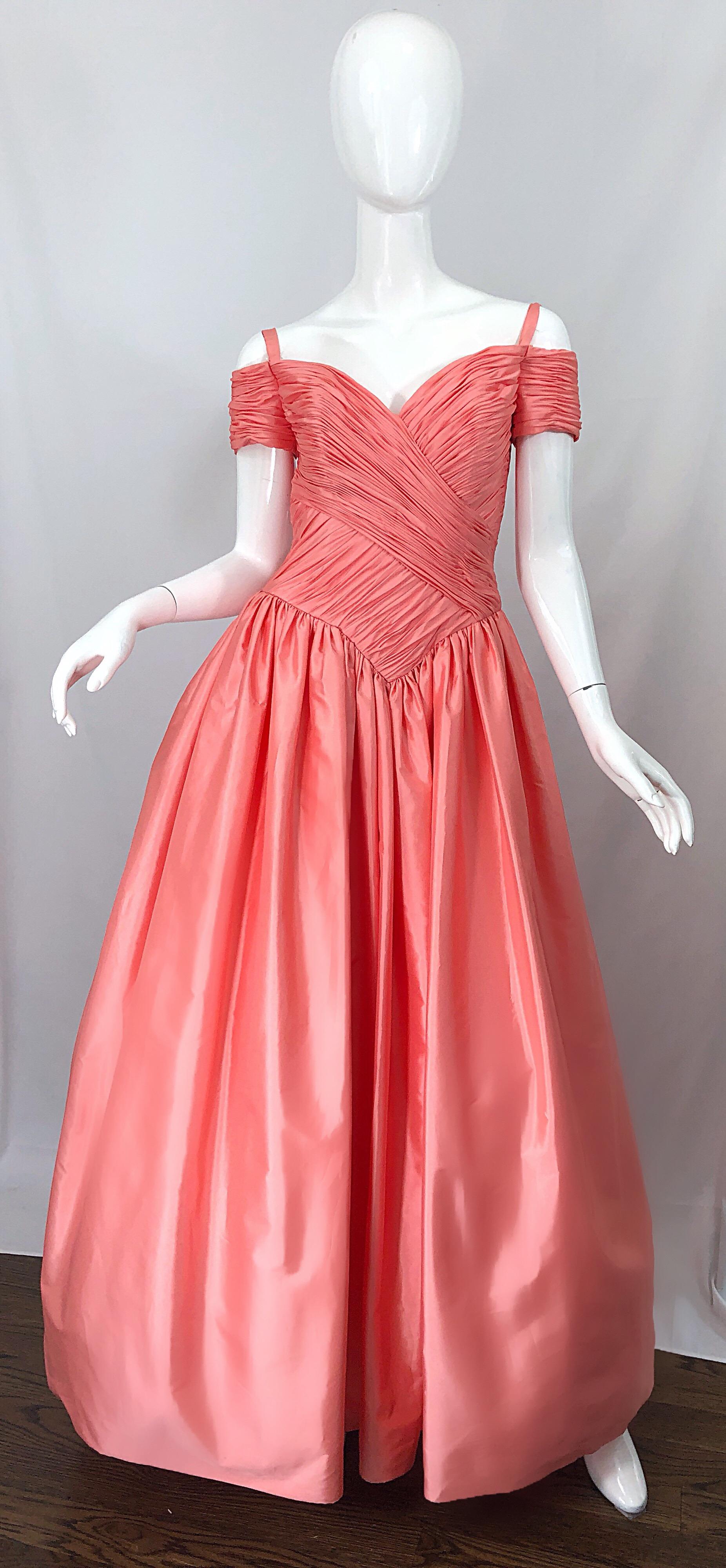 1980s Chris Kole Coral Pink Size 6 Off the Shoulder Silk Taffeta Vintage Gown For Sale 8
