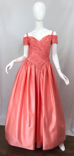 1980s Chris Kole Coral Pink Size 6 Off the Shoulder Silk Taffeta Vintage Gown