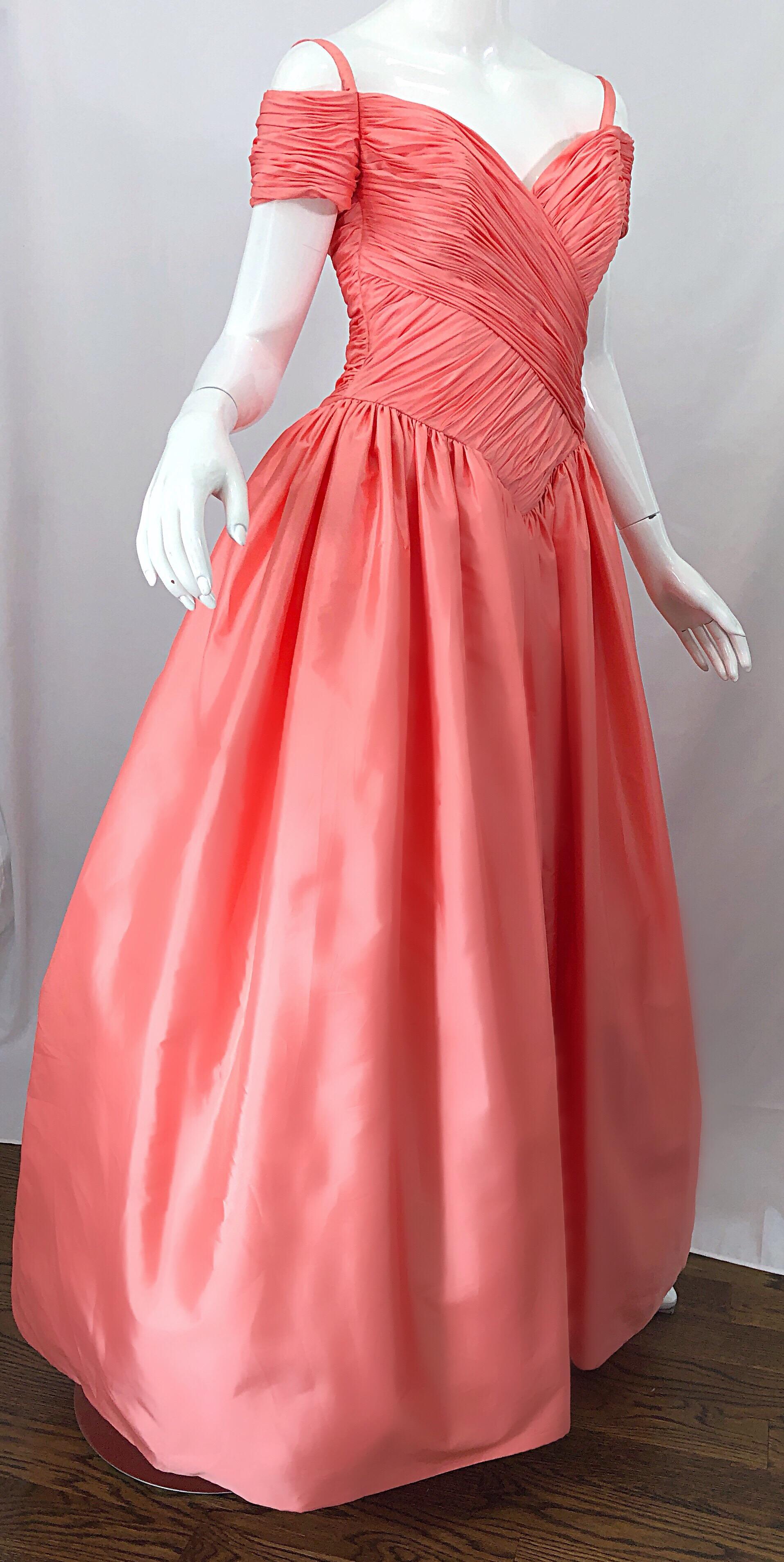 Women's 1980s Chris Kole Coral Pink Size 6 Off the Shoulder Silk Taffeta Vintage Gown For Sale