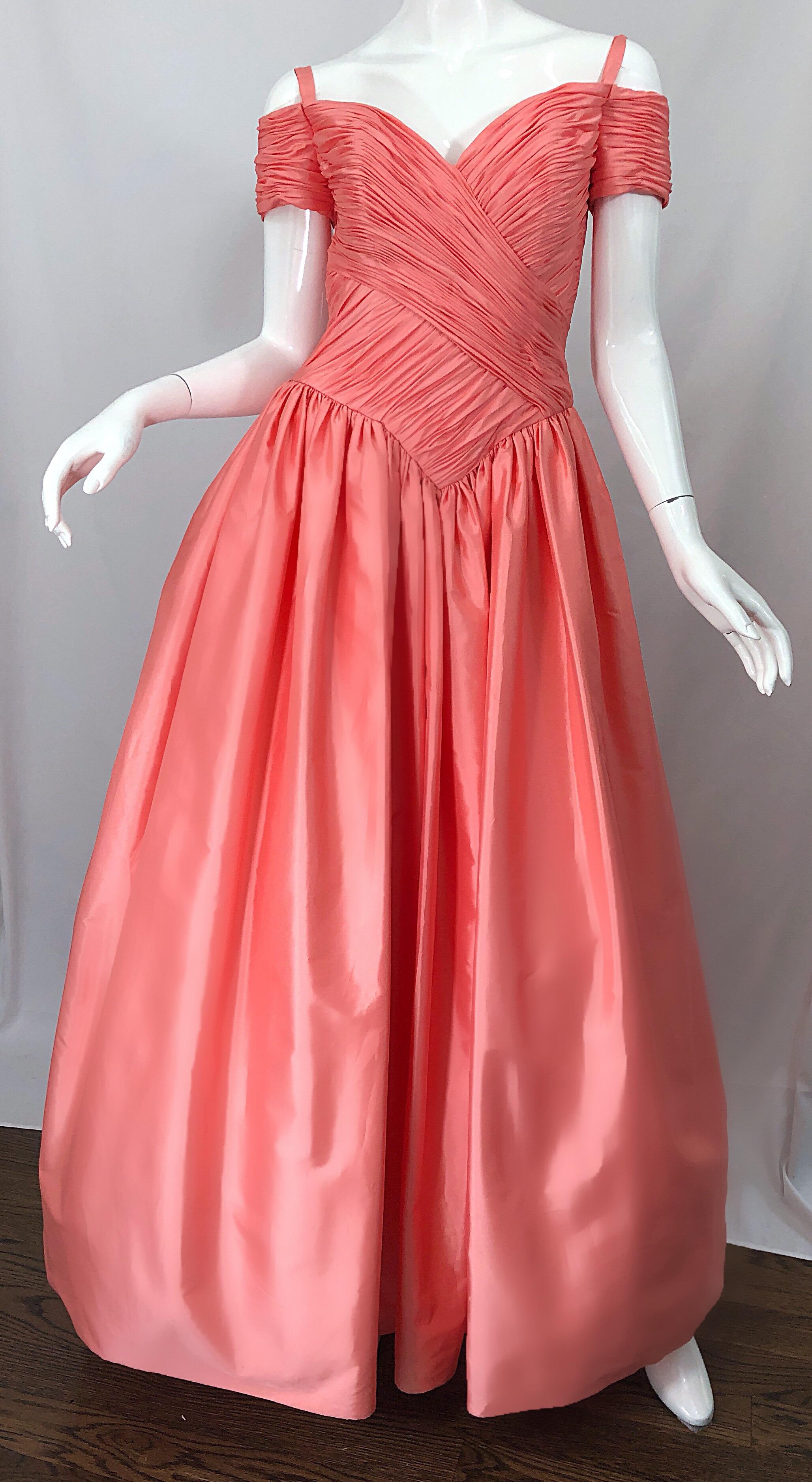 1980s Chris Kole Coral Pink Size 6 Off the Shoulder Silk Taffeta Vintage Gown For Sale 1