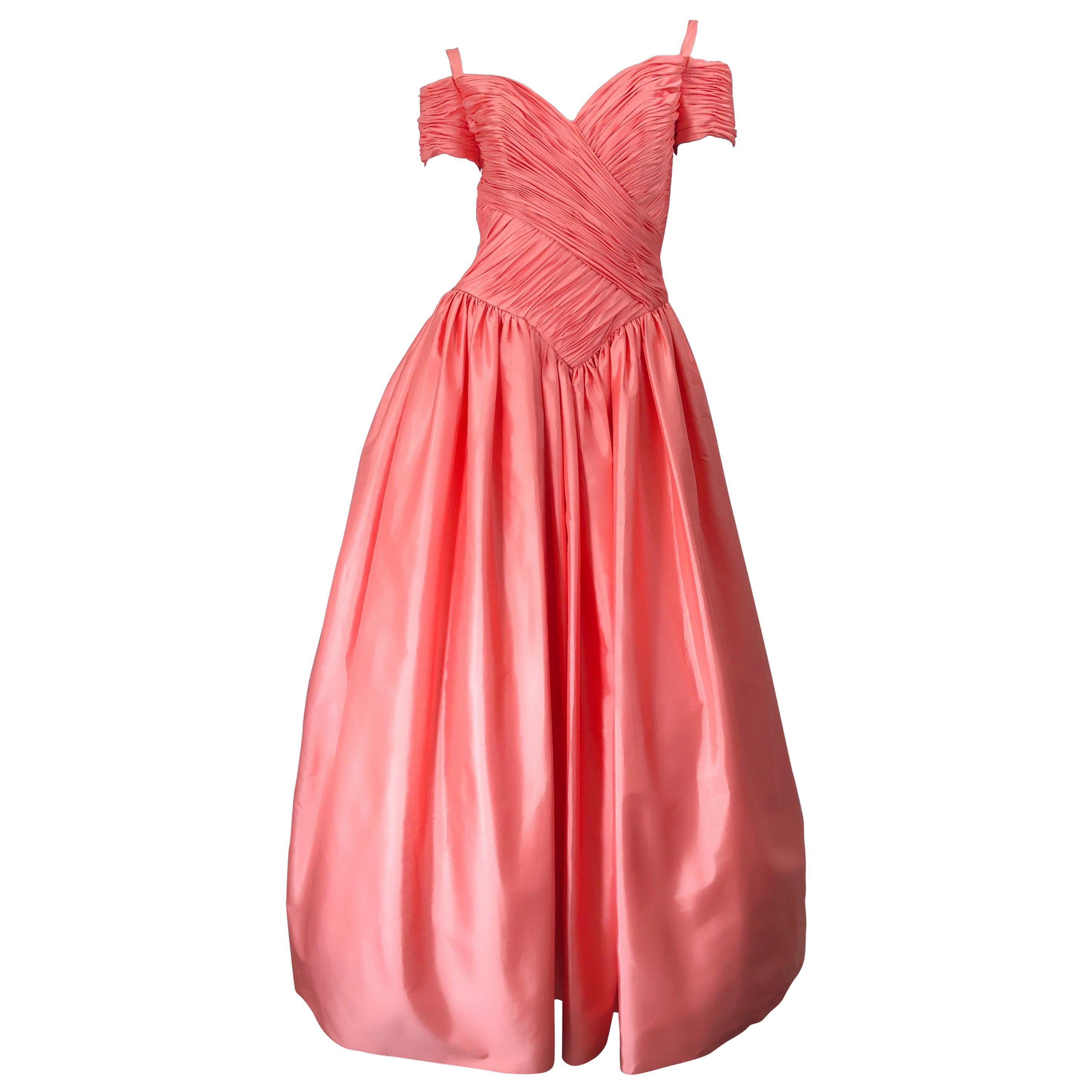 1980s Chris Kole Coral Pink Size 6 Off the Shoulder Silk Taffeta Vintage Gown For Sale