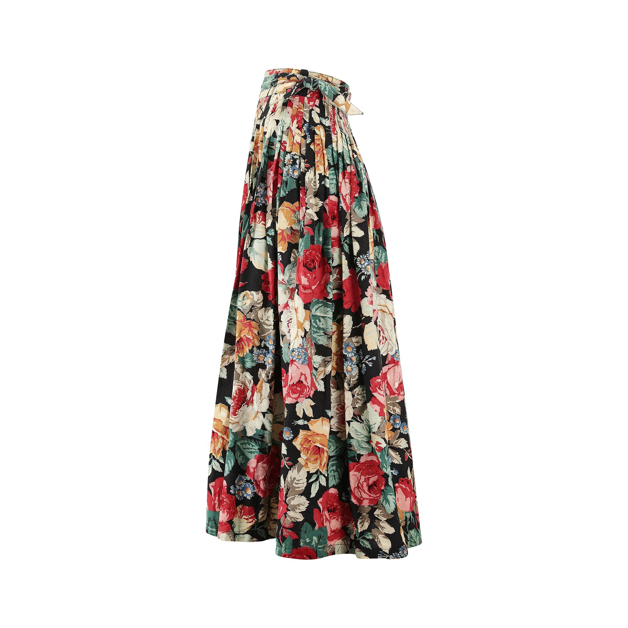 Brown 1980s Christian Aujard Floral Cotton Country Print Skirt