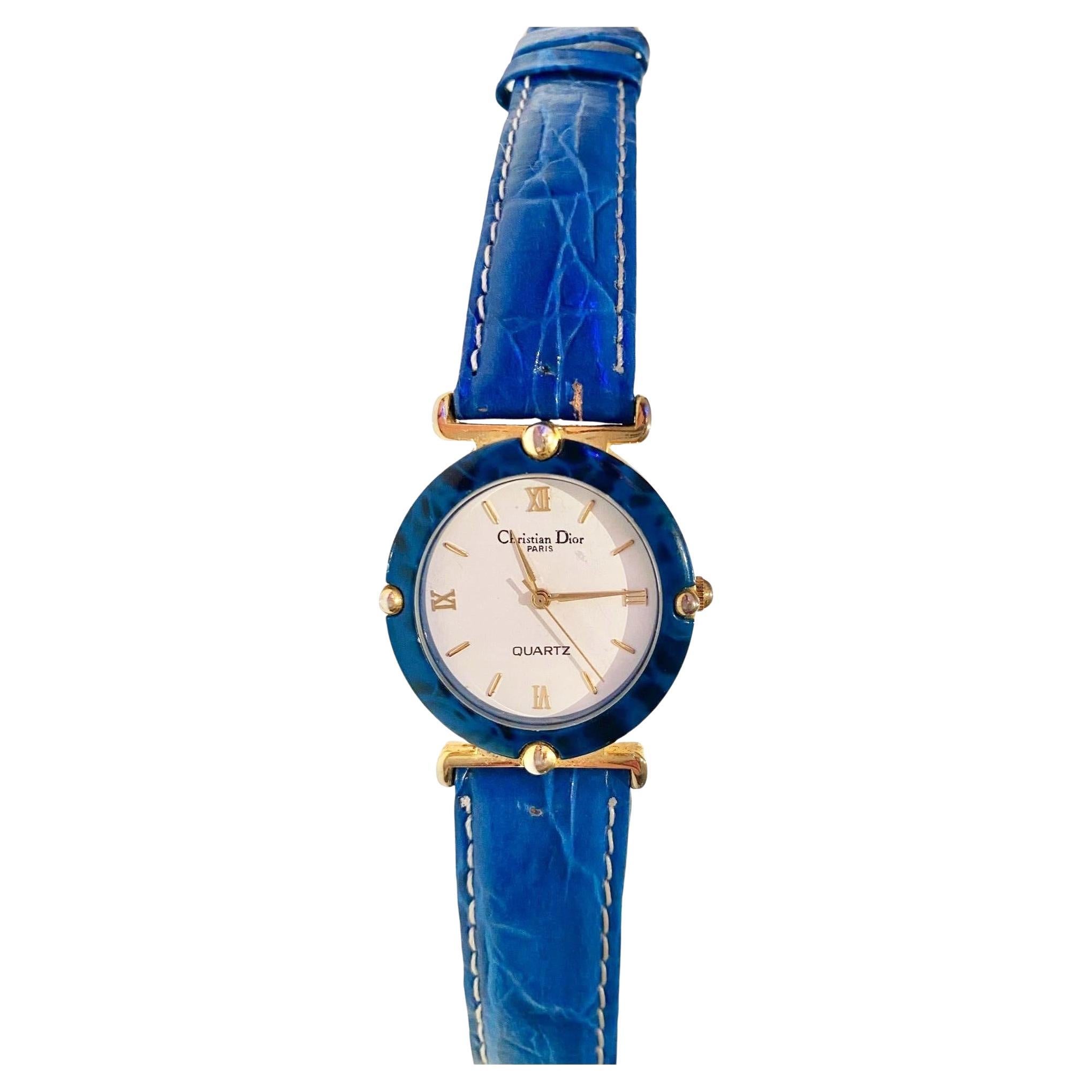1980s Christian Dior Blue Stone Dial Quartz Wrist Watch For Sale