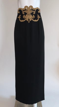 1980s Christian Dior Boutique Black Long Maxi Skirt with Gold Embellishment