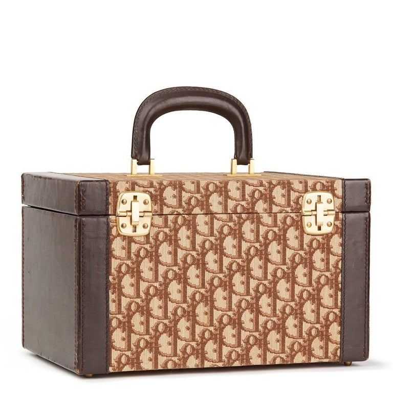 1980s Christian Dior Brown Calfskin Leather Canvas Vintage Vanity Case