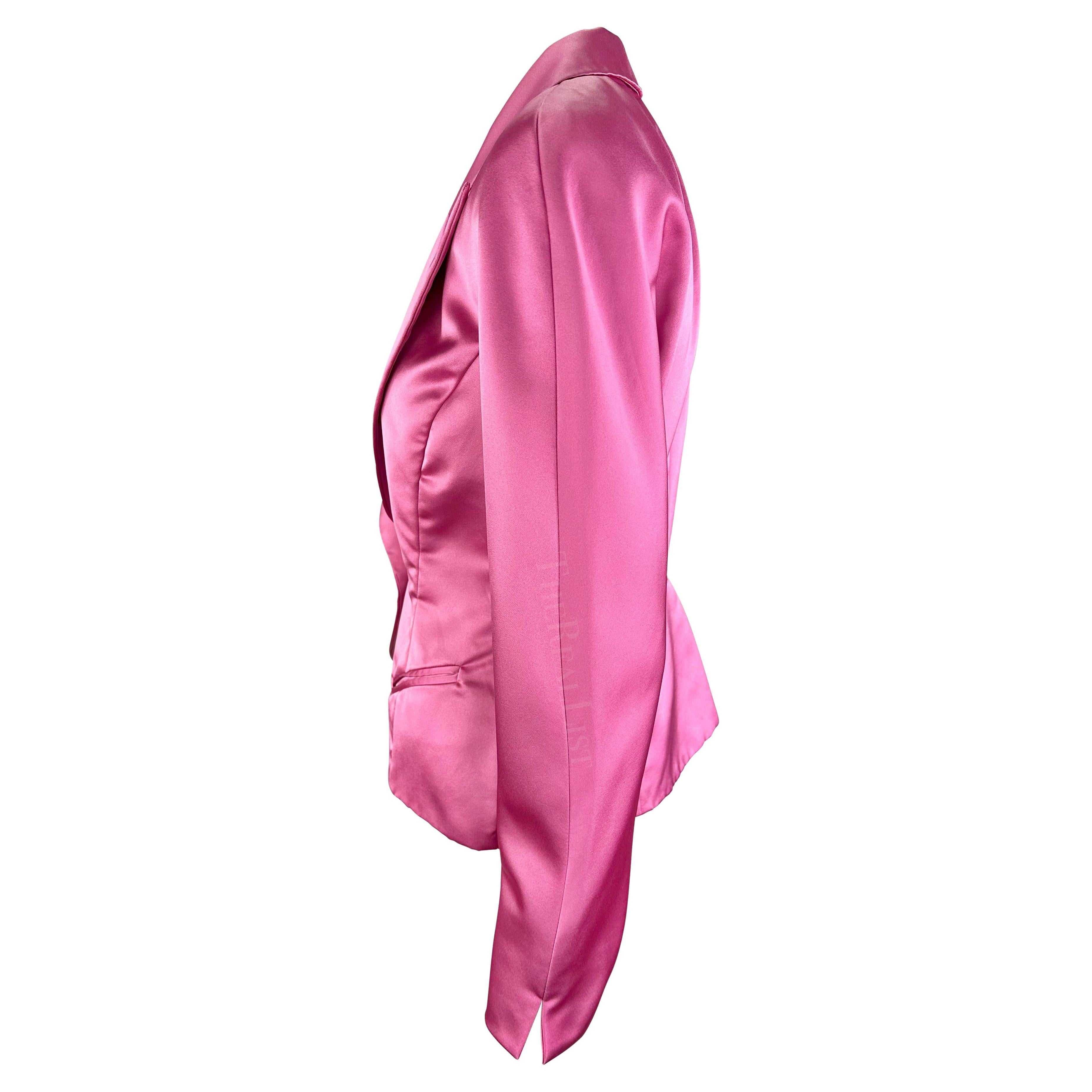 1980s Christian Dior Bubblegum Pink Satin Cinched Blazer Jacket In Excellent Condition For Sale In West Hollywood, CA