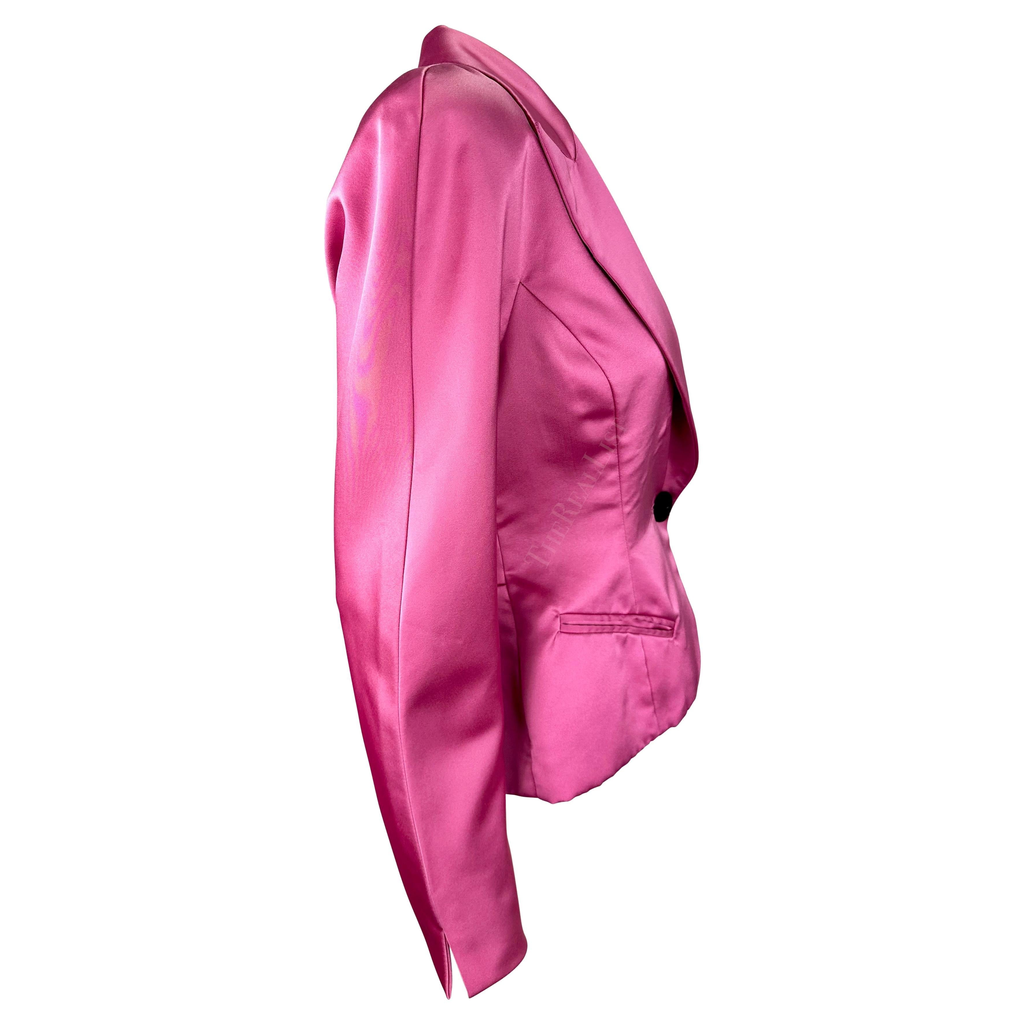 1980s Christian Dior Bubblegum Pink Satin Cinched Blazer Jacket For Sale 1