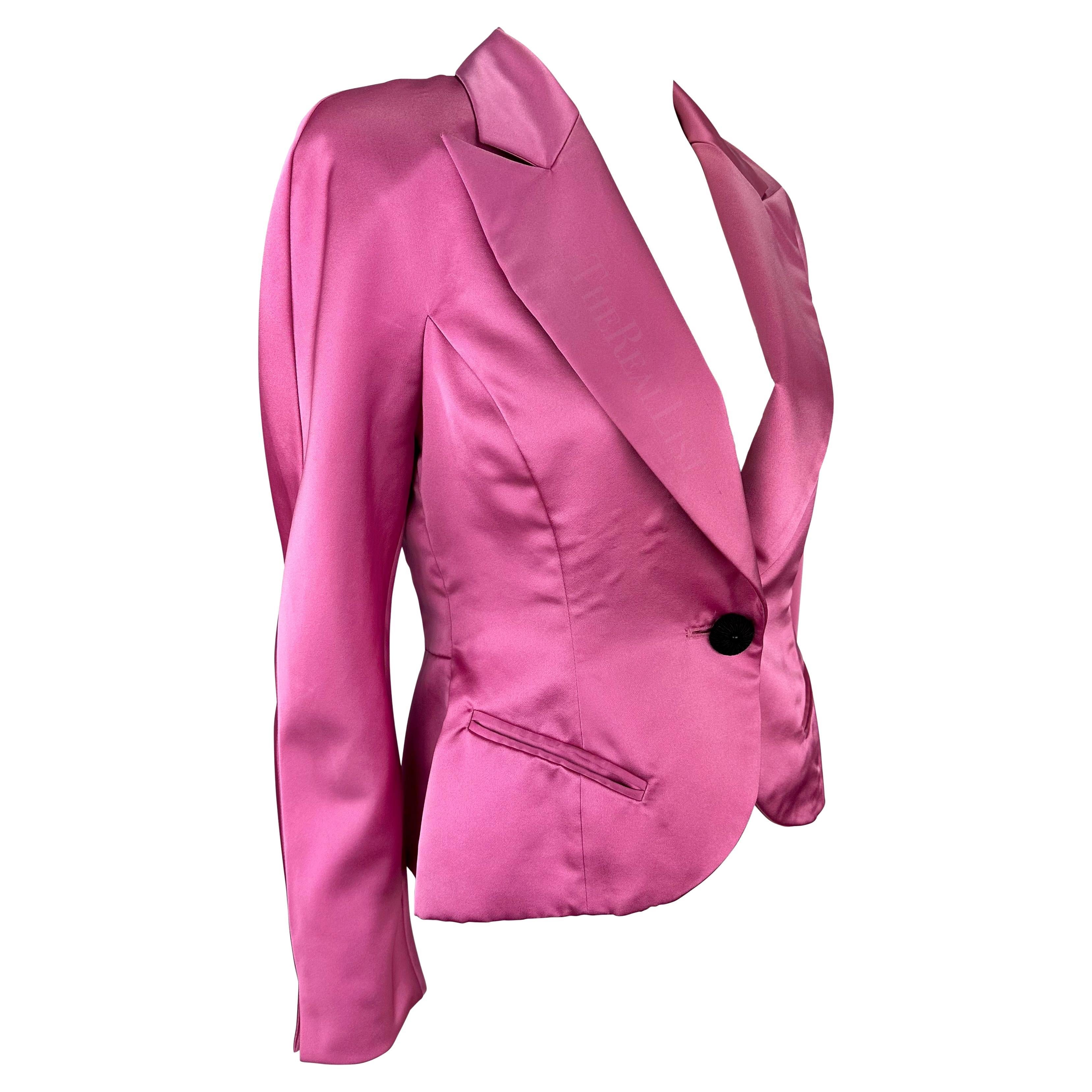 1980s Christian Dior Bubblegum Pink Satin Cinched Blazer Jacket For Sale 2