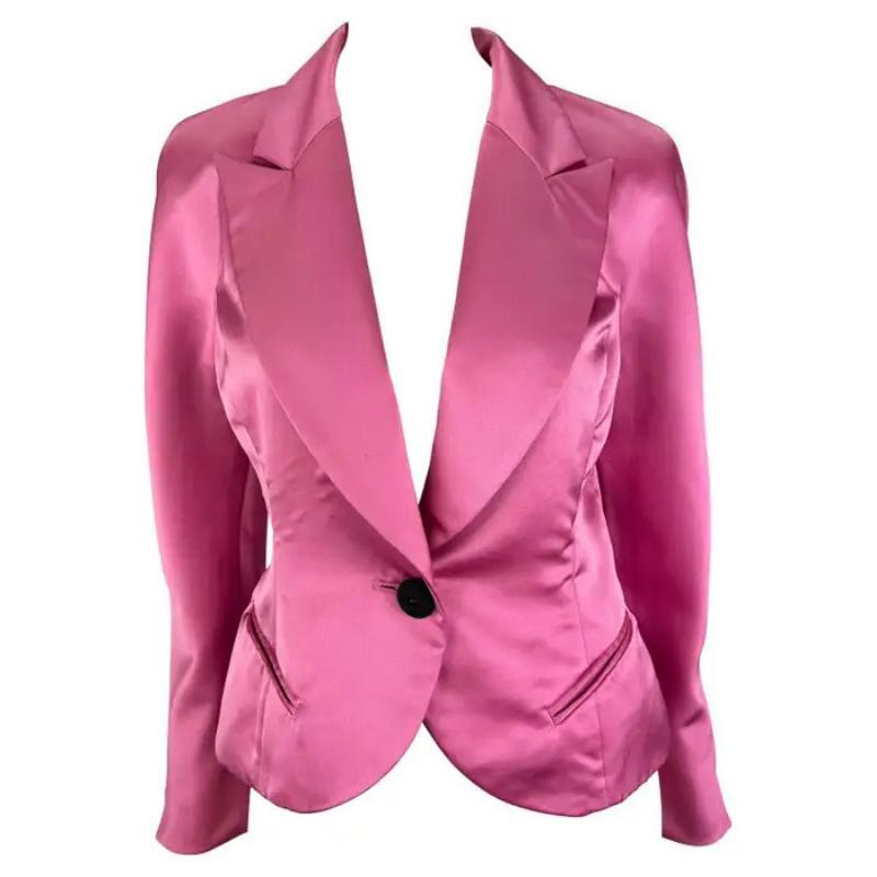 Giacca blazer anni '80 di Christian Dior in raso rosa bubblegum con chiusura a portafoglio