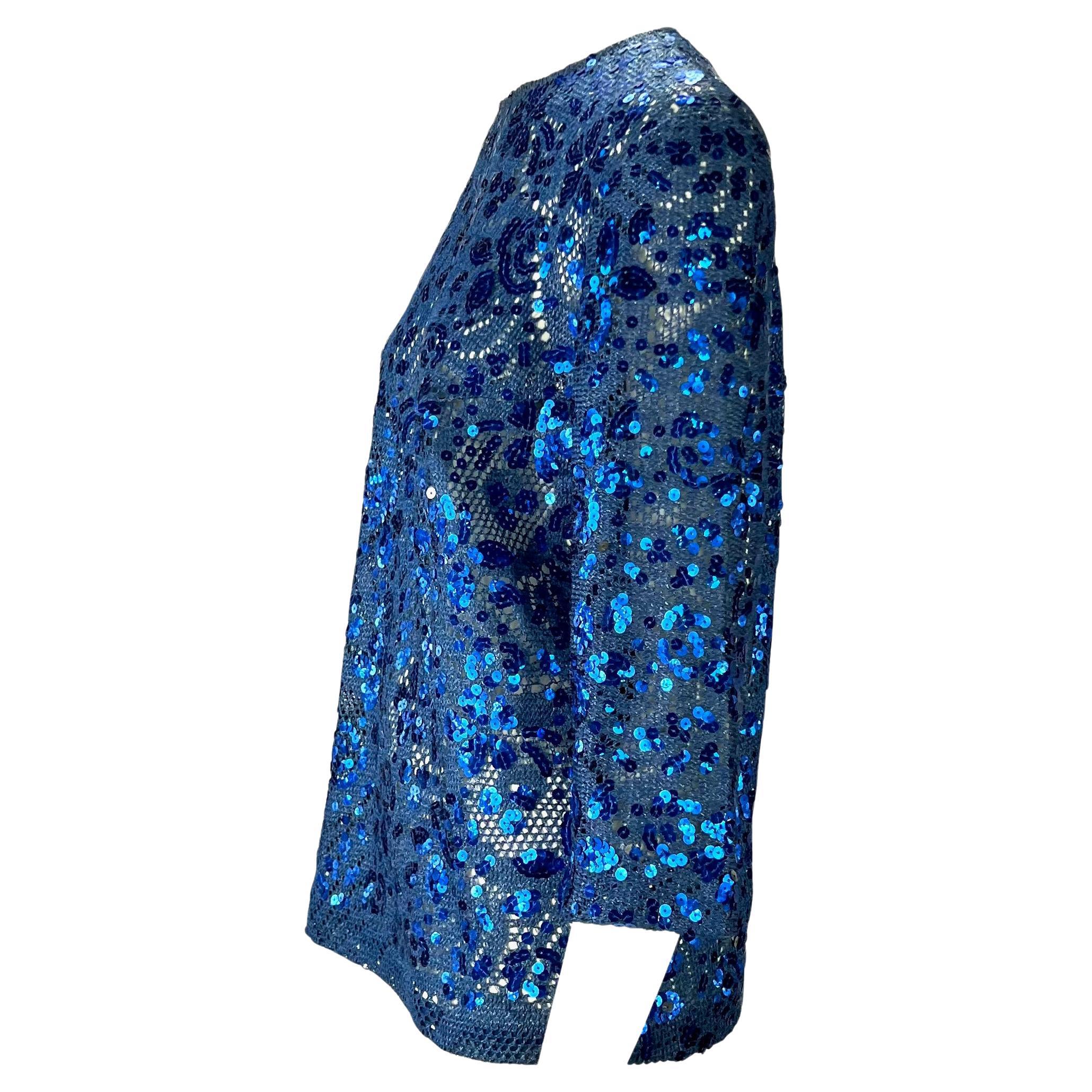 Bleu 1980 Christian Dior by Gianfranco Ferré Blue Floral Sequin Knit Sweater Top en vente