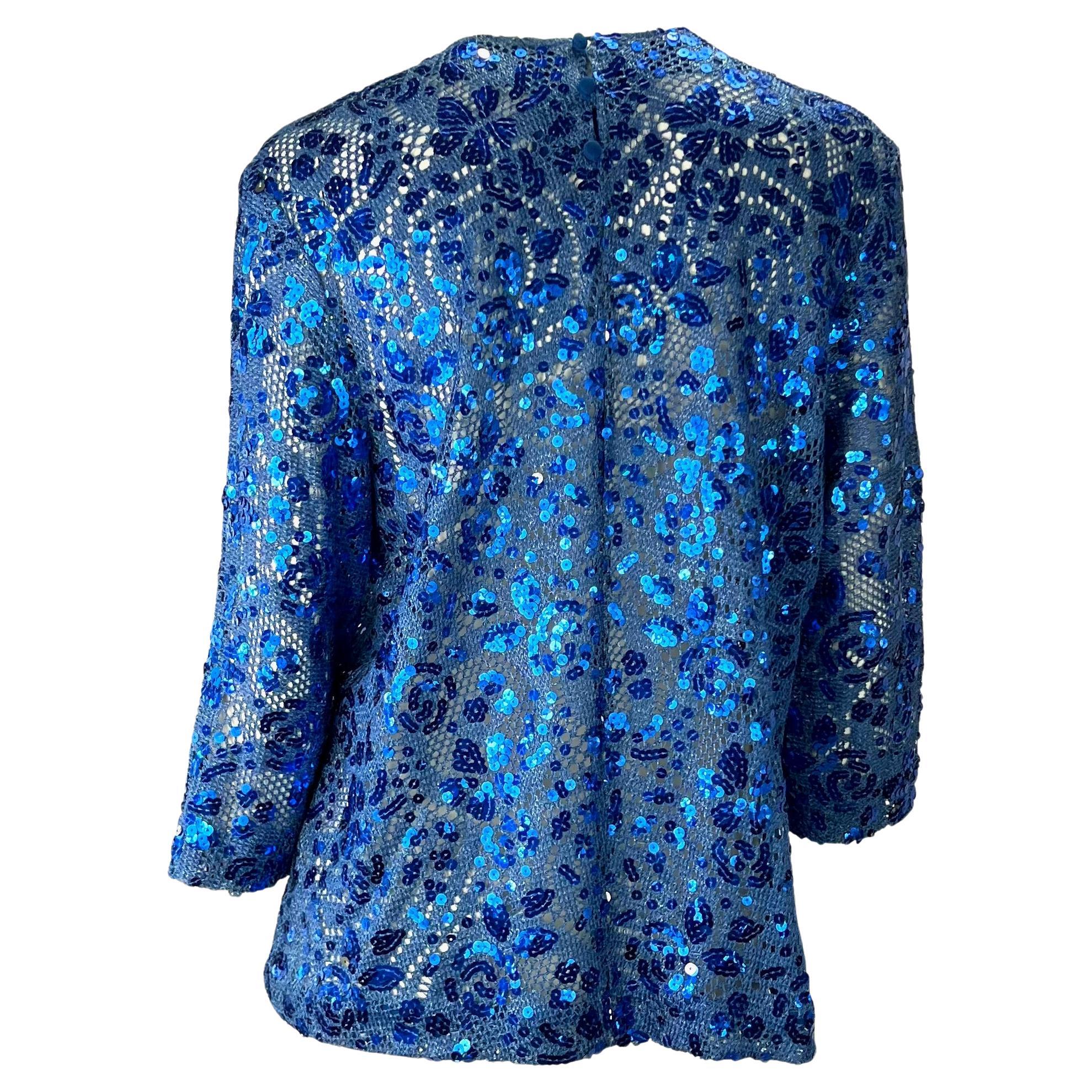 1980 Christian Dior by Gianfranco Ferré Blue Floral Sequin Knit Sweater Top Bon état - En vente à West Hollywood, CA