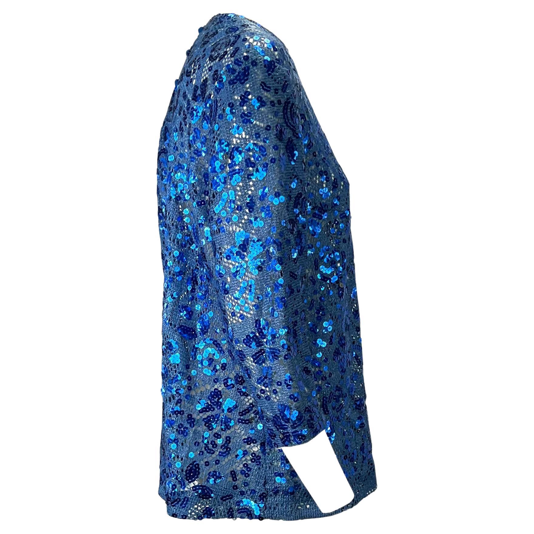 1980 Christian Dior by Gianfranco Ferré Blue Floral Sequin Knit Sweater Top Pour femmes en vente