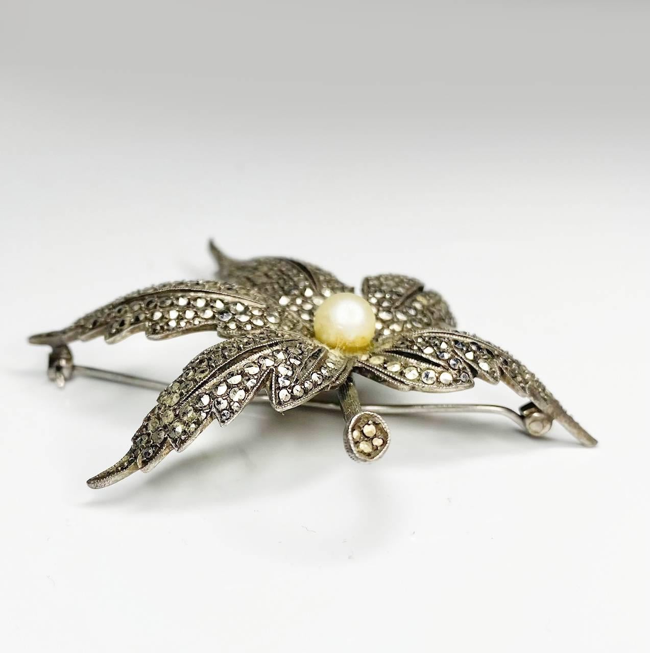 Bead 1980s Christian Dior Crystals and Pearl Leaf Brooch For Sale