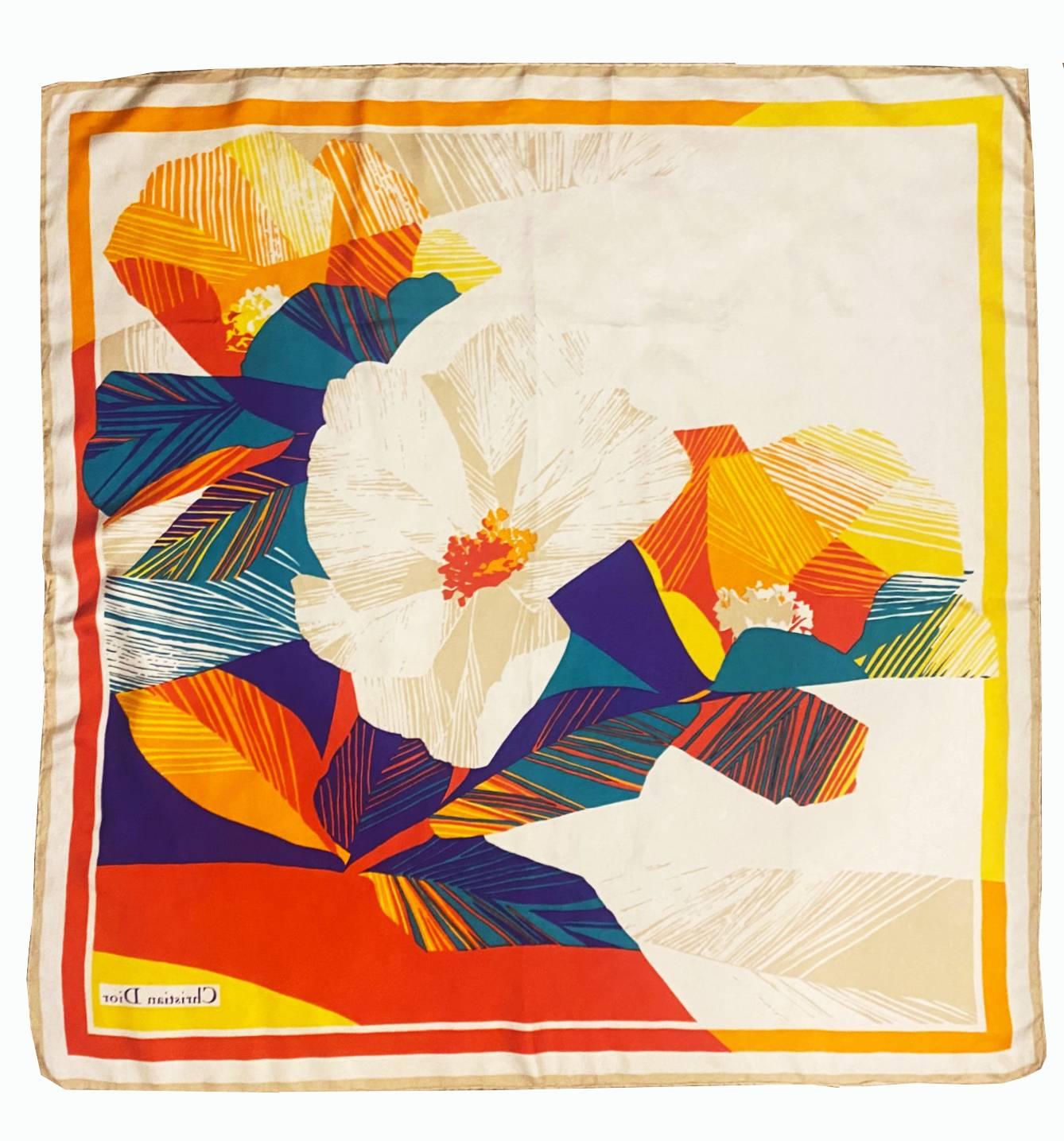 Orange 1980s  Christian Dior Flower Multicolor Silk Scarf  For Sale