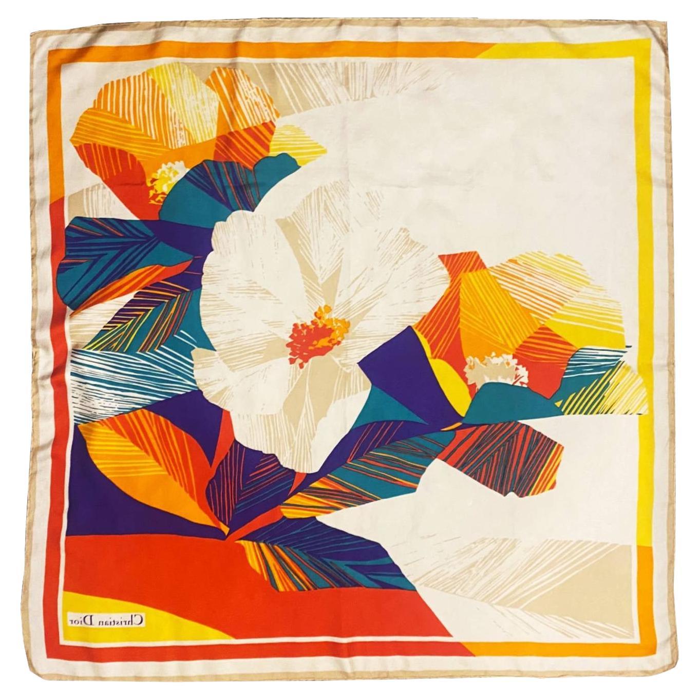 1980s  Christian Dior Flower Multicolor Silk Scarf  For Sale