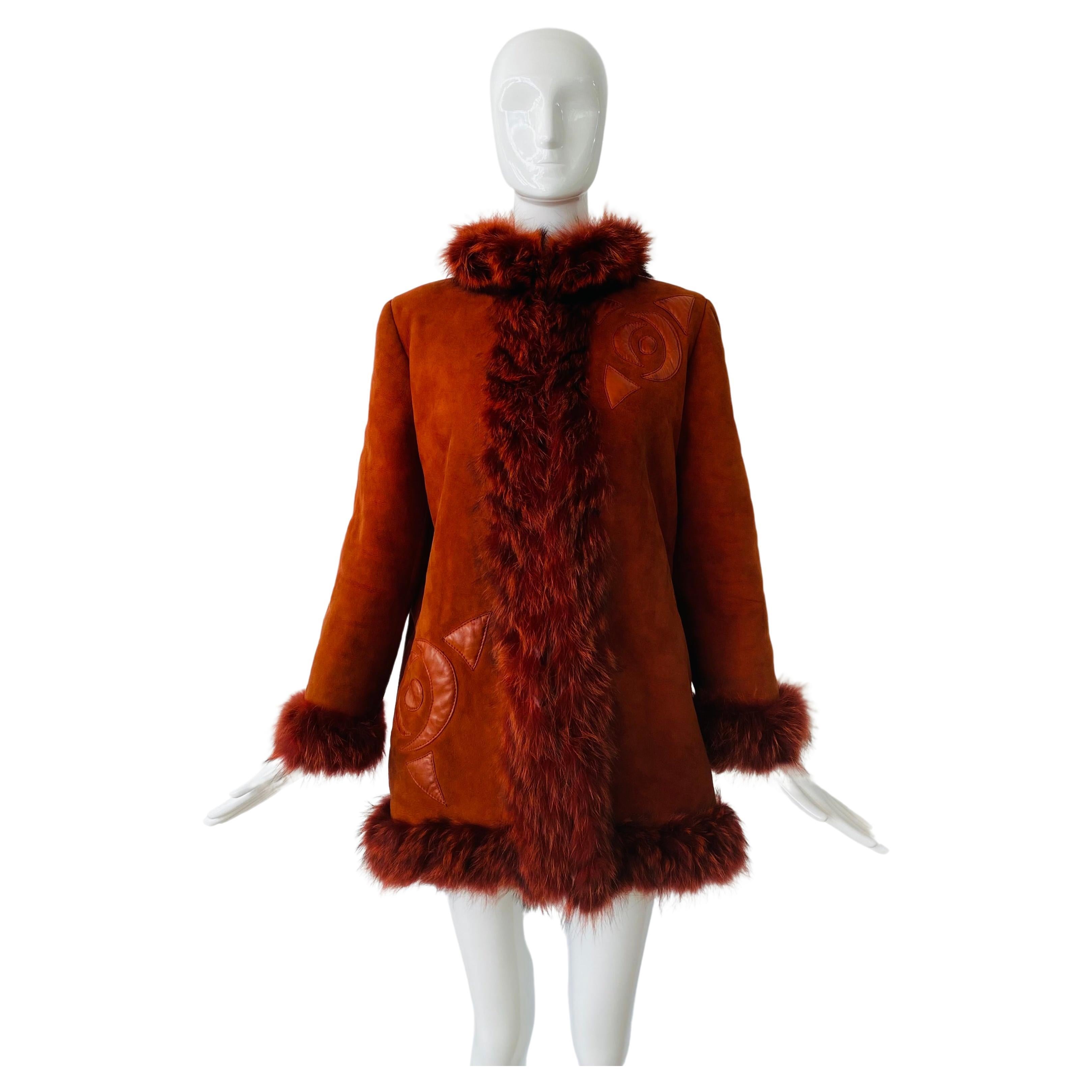 1980s Christian Dior Fourrers Red Suede Leather Fur Shearling Coat For Sale
