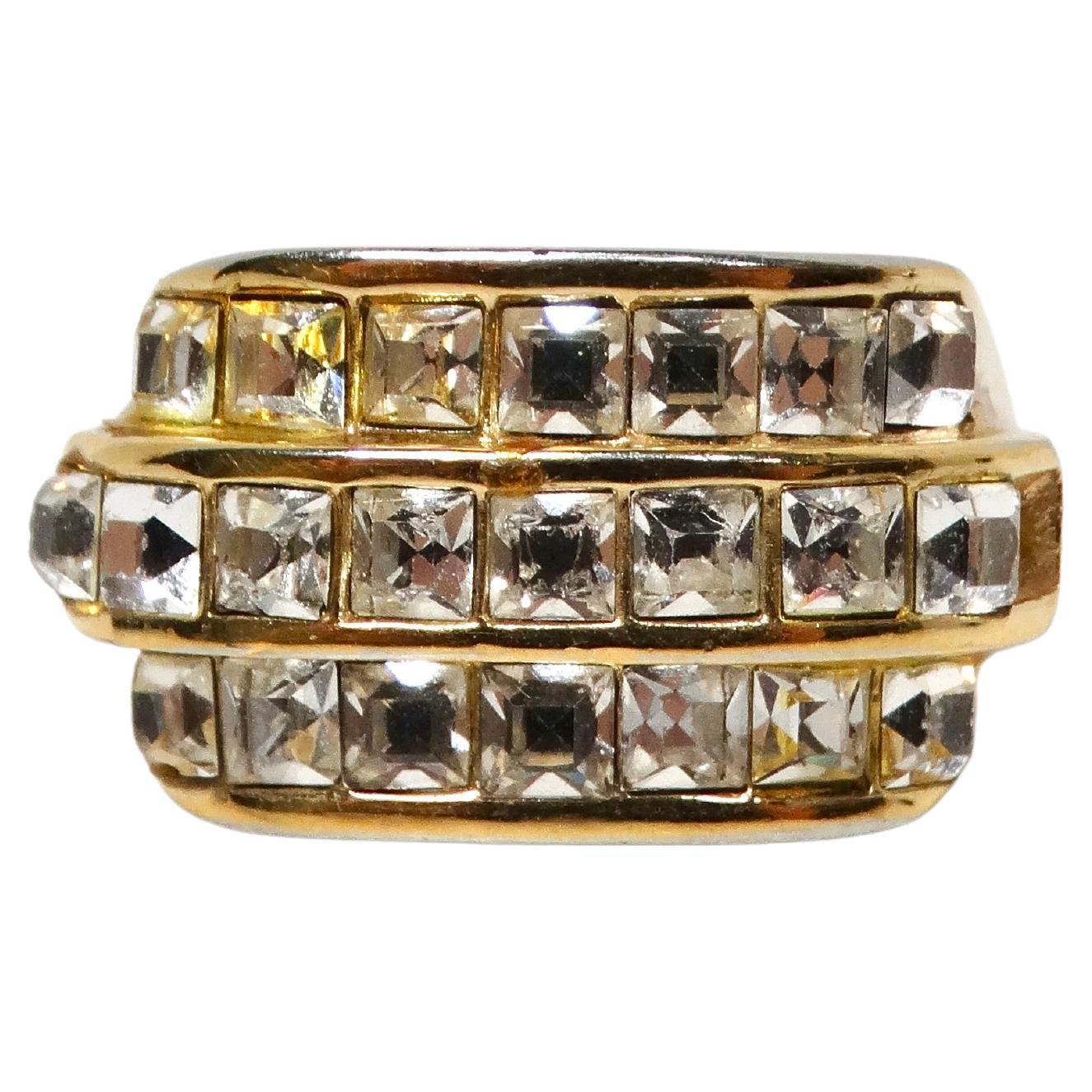 1980s Christian Dior Gold Plated 3-Row Cocktail Ring