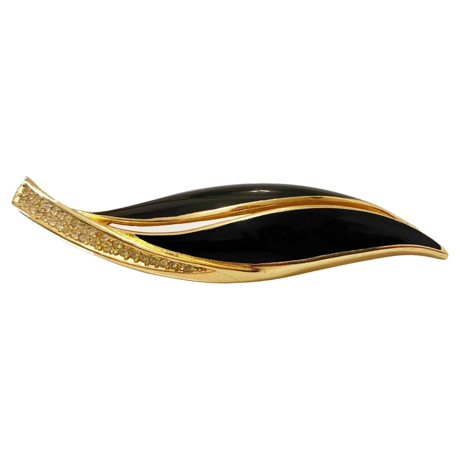 Bead  1980s Christian Dior Gold Plated Enamel Leaf Crystal Brooch For Sale