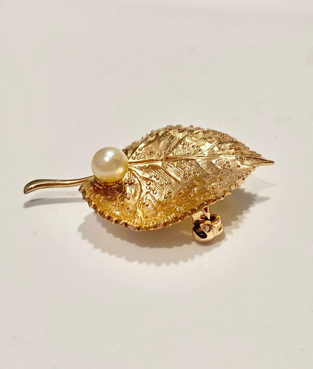 1980s Christian Dior Gold Tone Leaf Shaped Brooch with Pearl  1