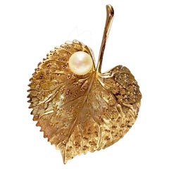 1980s Christian Dior Gold Tone Leaf Shaped Brooch with Pearl 