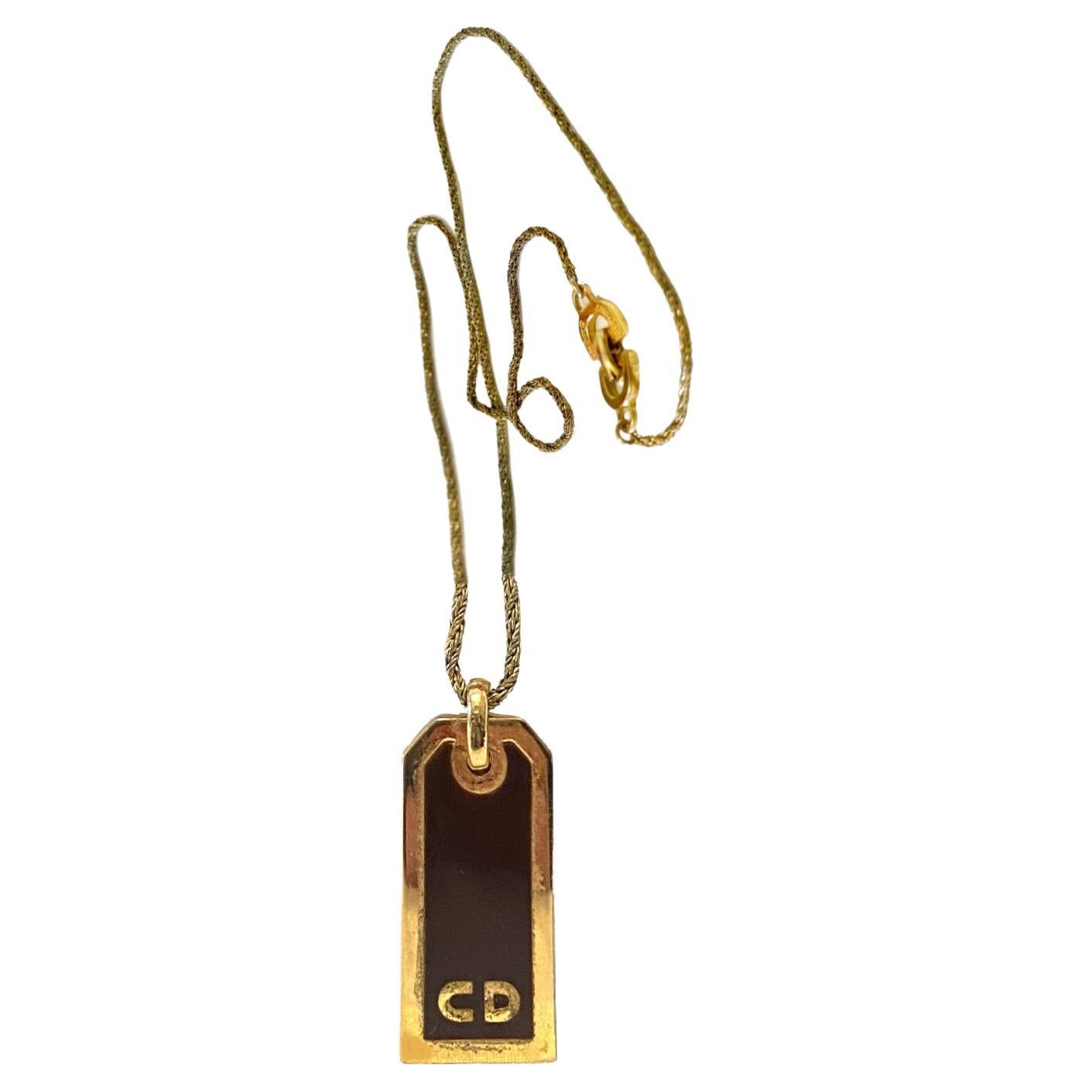1980s Christian Dior Enameled Logo Pendant Necklace For Sale