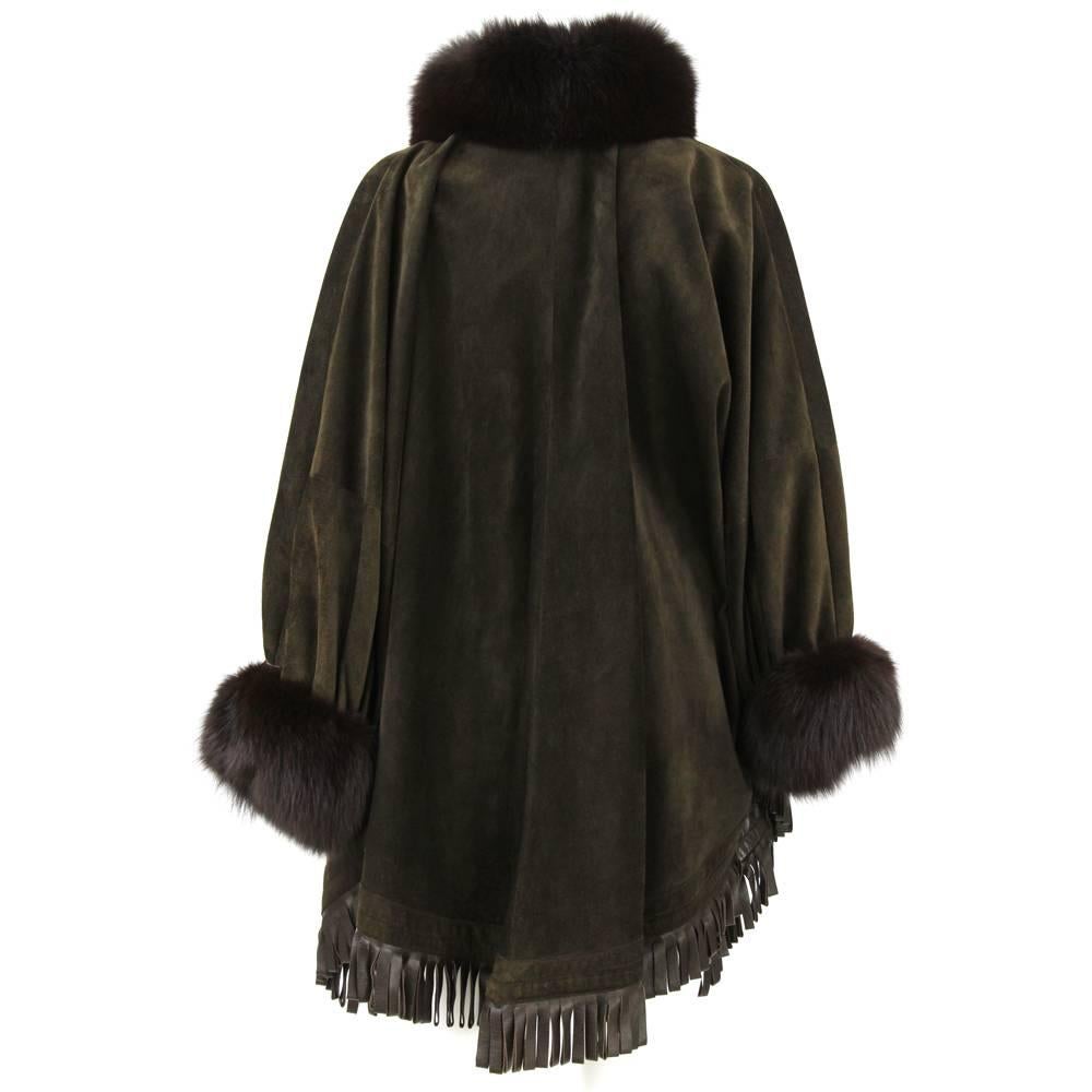 Black 1980s Christian Dior Greenish Brown Suede Cape Coat Trimmed with Fox Fur For Sale