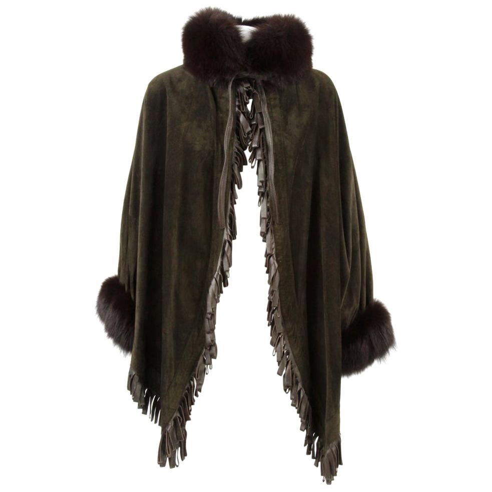 1980s Christian Dior Greenish Brown Suede Cape Coat Trimmed with Fox Fur For Sale