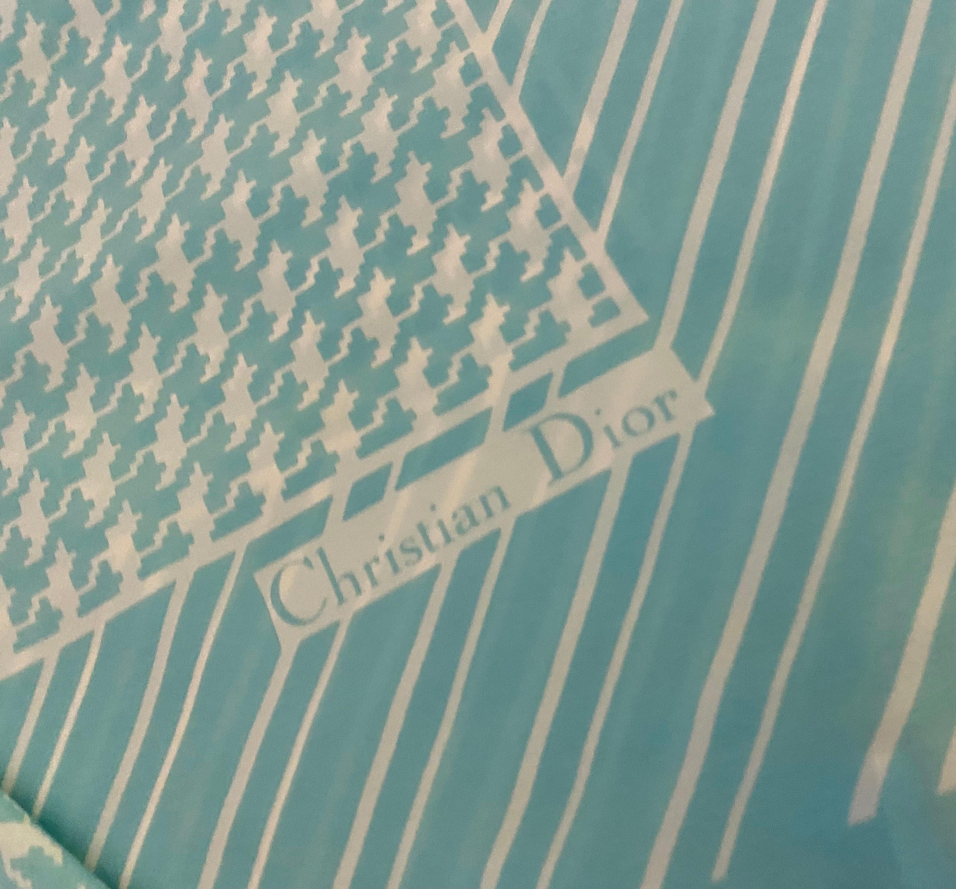 1980s Christian Dior Houndstooth Teal Turquoise Silk Scarf In Good Condition In London, GB