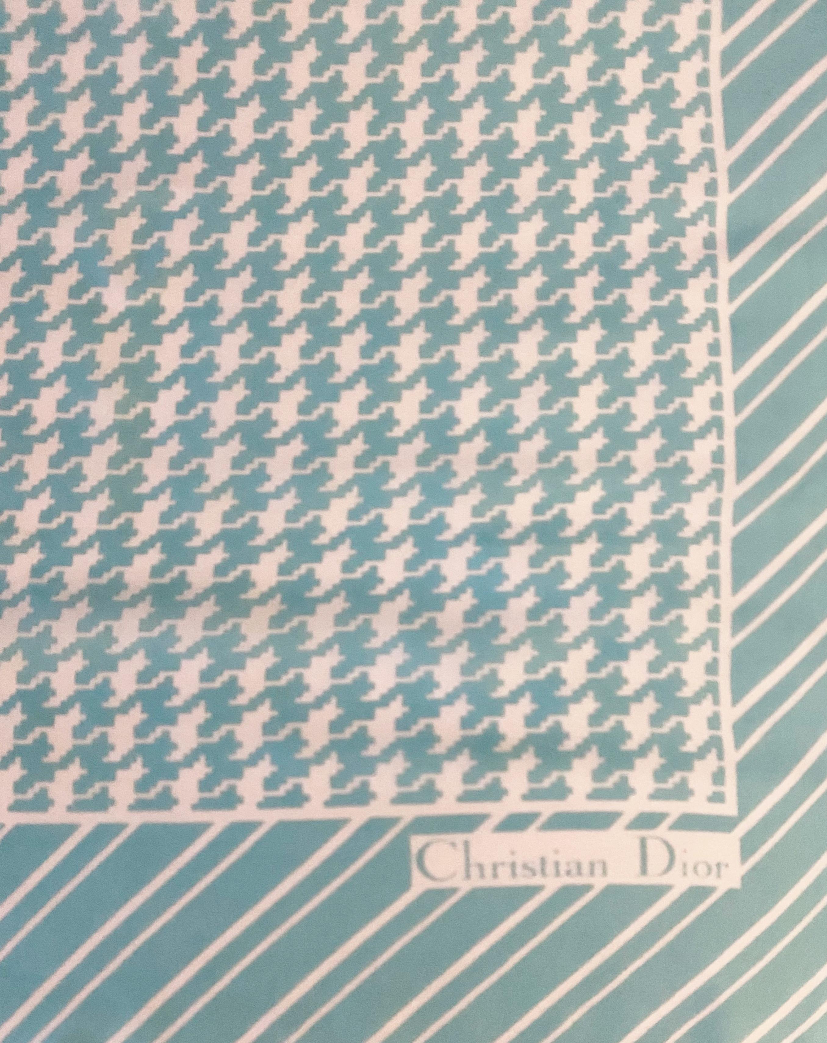 Women's or Men's 1980s Christian Dior Houndstooth Teal Turquoise Silk Scarf