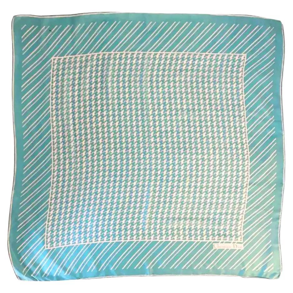 1980s Christian Dior Houndstooth Teal Turquoise Silk Scarf