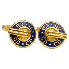 Gemelos vintage de metal dorado azul lacado de Christian Dior de los años 80