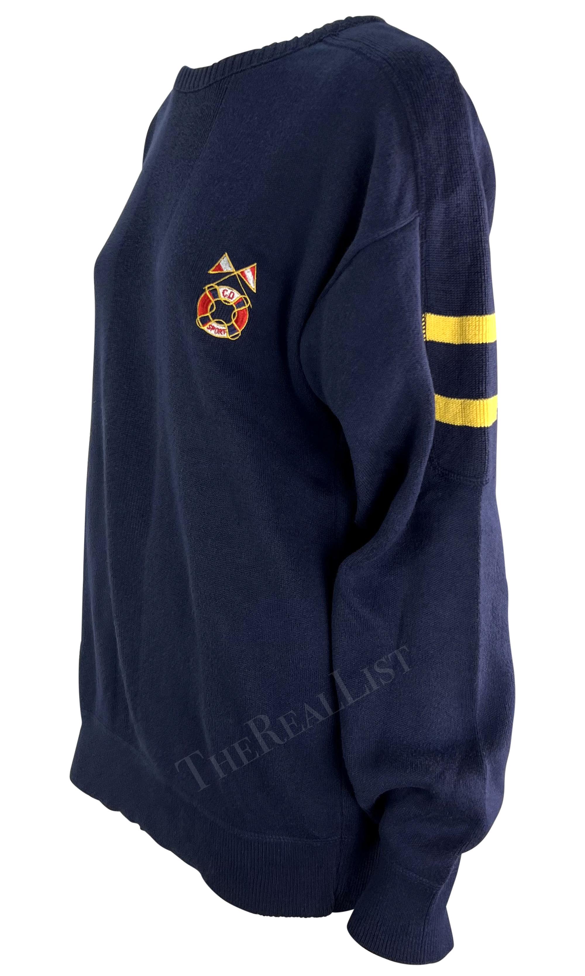 Black 1980s Christian Dior Mens Navy Nautical Logo Oversized Knit Crew Neck Sweater For Sale