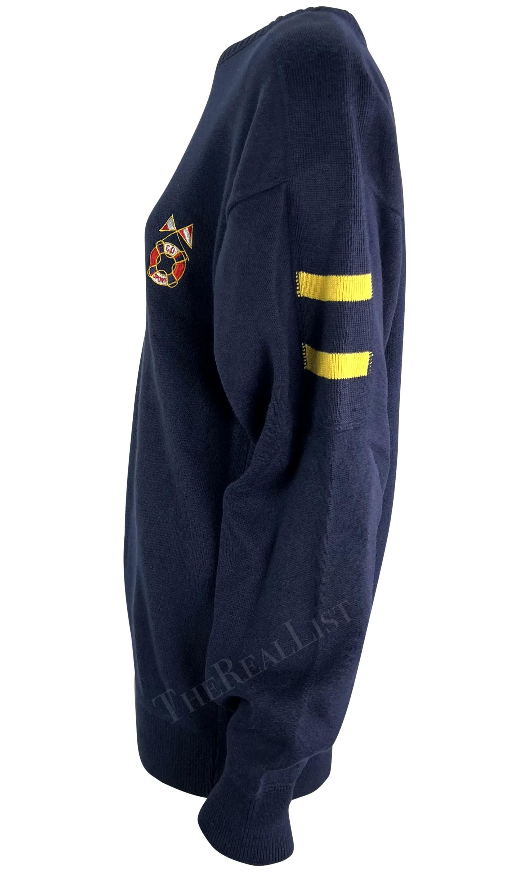 1980s Christian Dior Mens Navy Nautical Logo Oversized Knit Crew Neck Sweater In Excellent Condition For Sale In West Hollywood, CA