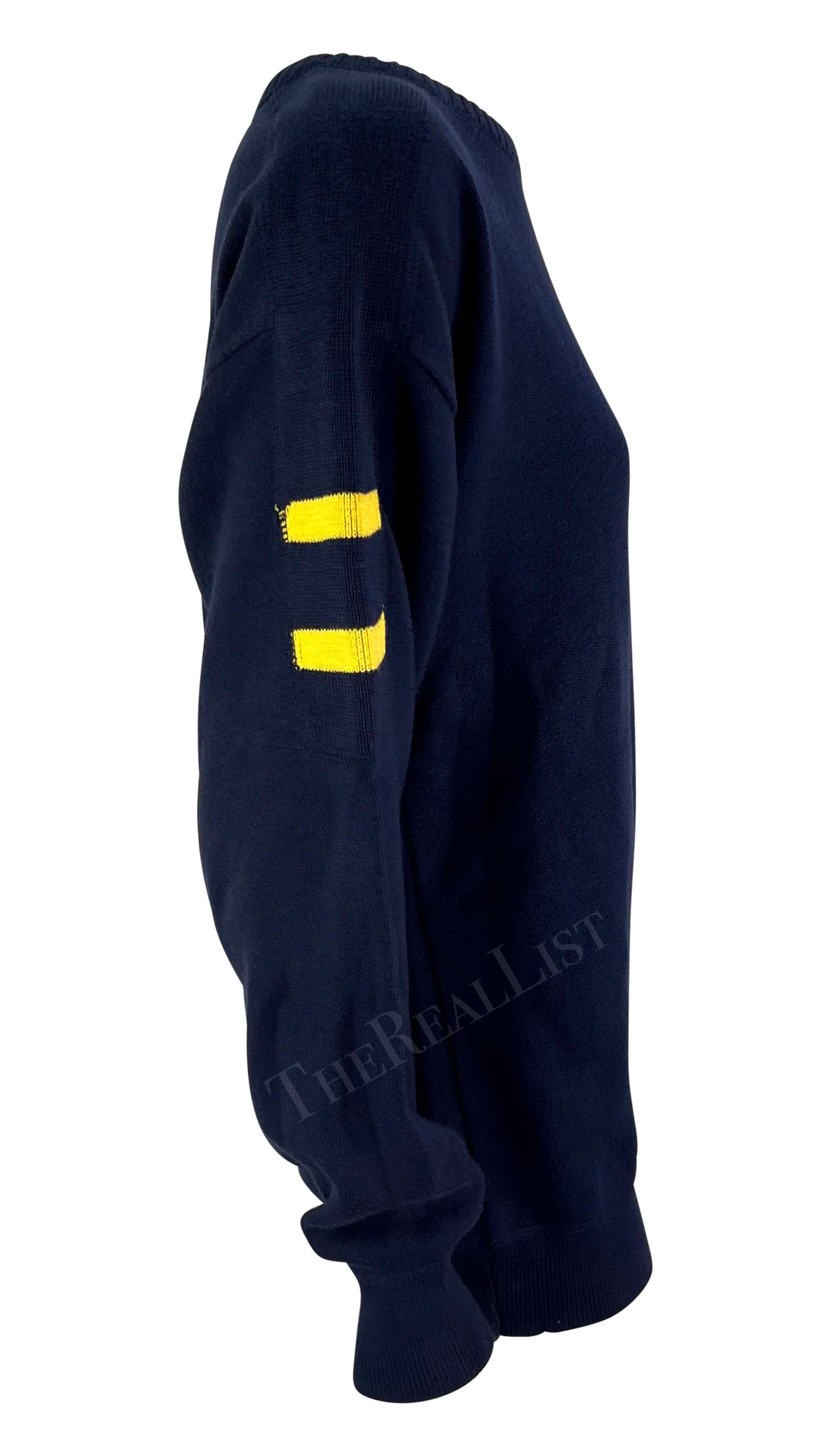 1980s Christian Dior Mens Navy Nautical Logo Oversized Knit Crew Neck Sweater For Sale 1