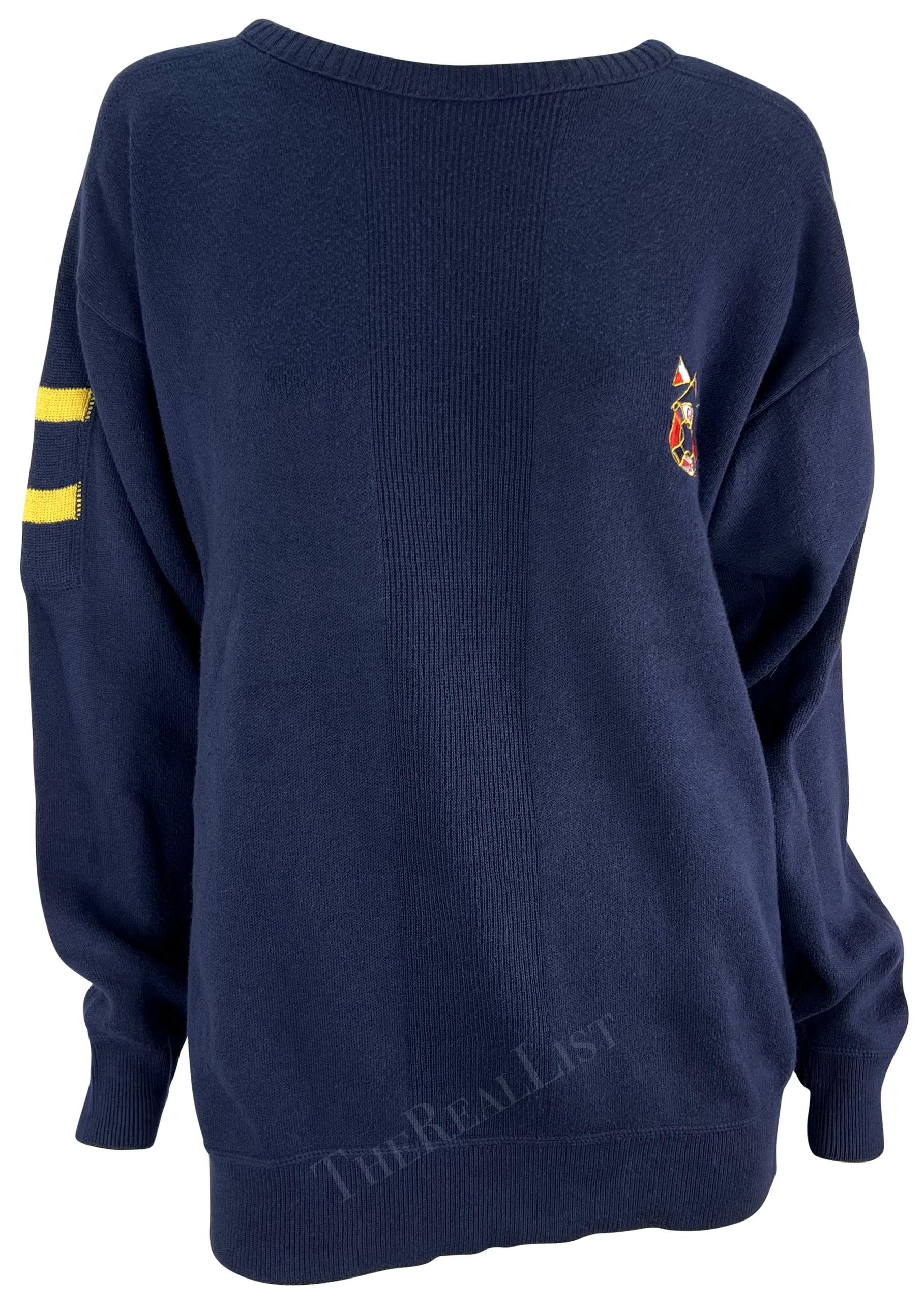 1980s Christian Dior Mens Navy Nautical Logo Oversized Knit Crew Neck Sweater For Sale 3