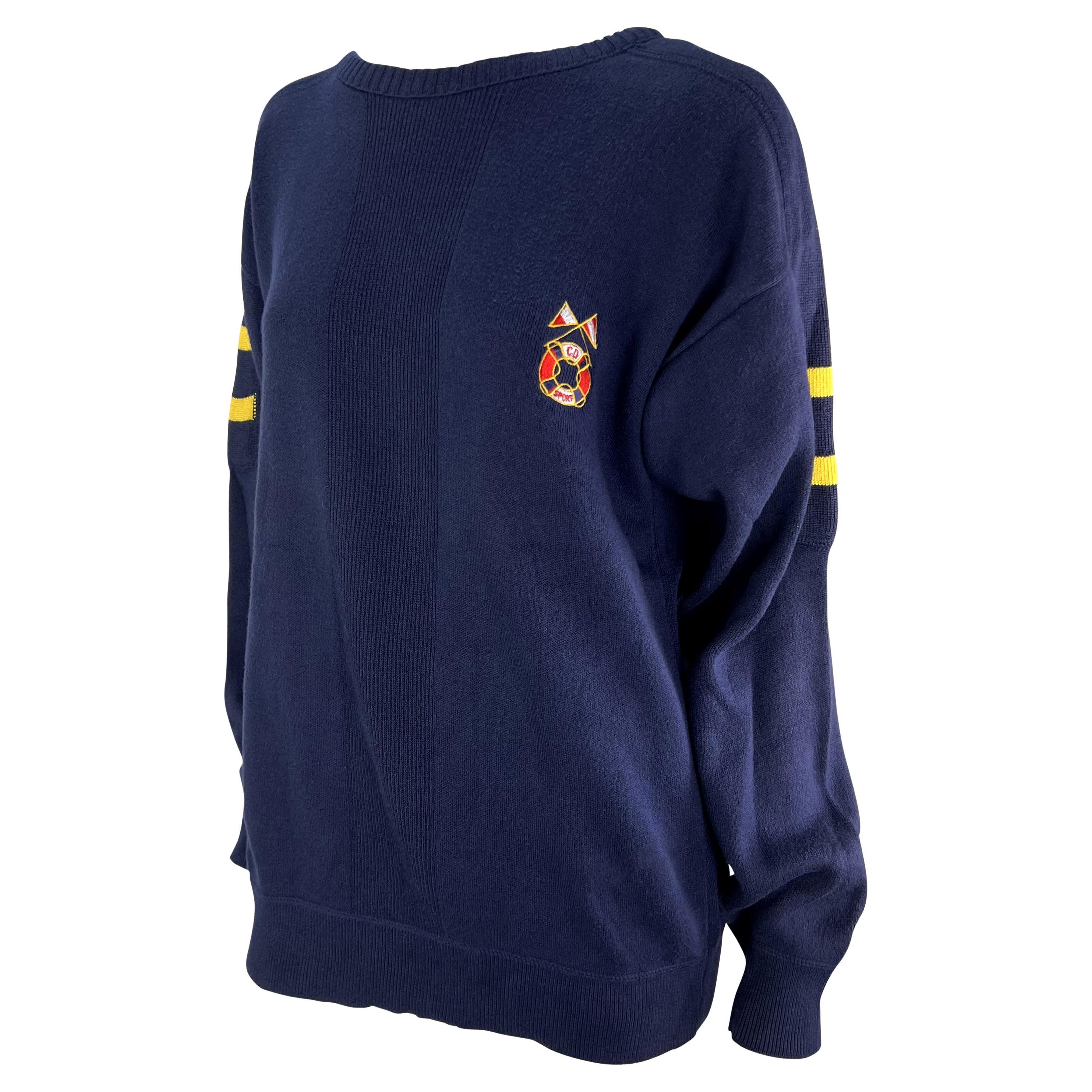 1980s Christian Dior Mens Navy Nautical Logo Oversized Knit Crew Neck Sweater For Sale