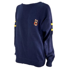 1980s Christian Dior Hombre Azul Marino Logotipo Náutico Sobredimensionado Punto Jersey Cuello Redondo