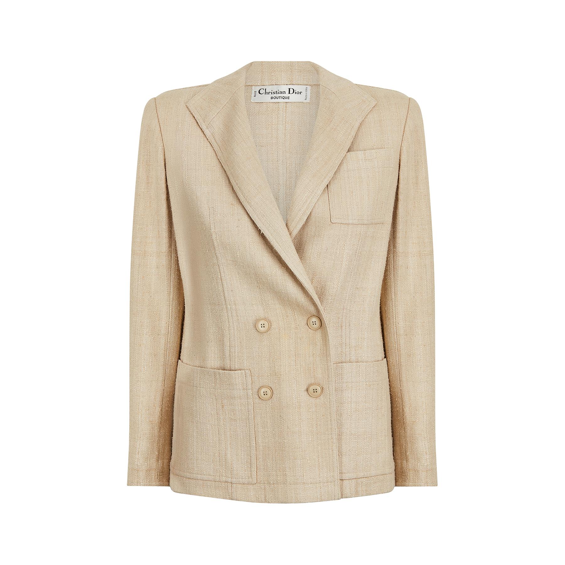 1980er Christian Dior hafermehlfarbene doppelreihige Jacke aus Leinen Damen im Angebot