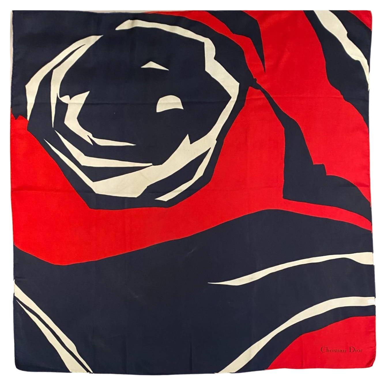 1980s Christian Dior Orange Red Opal Navy Blue Silk Scarf  For Sale