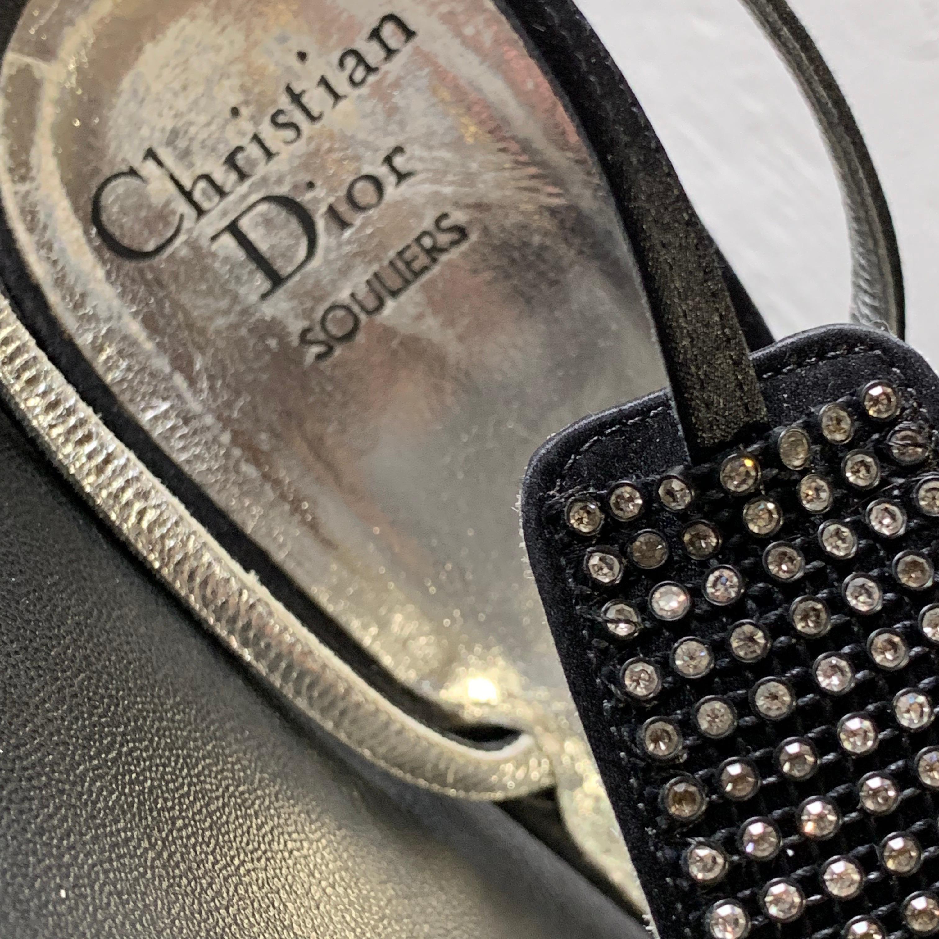 1980s Christian Dior Peau De Soie Ankle-Strap Open-Toe Pumps W/ Rhinestone Trim For Sale 4