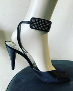 1980s Christian Dior Peau De Soie Ankle-Strap Open-Toe Pumps W/ Rhinestone Trim