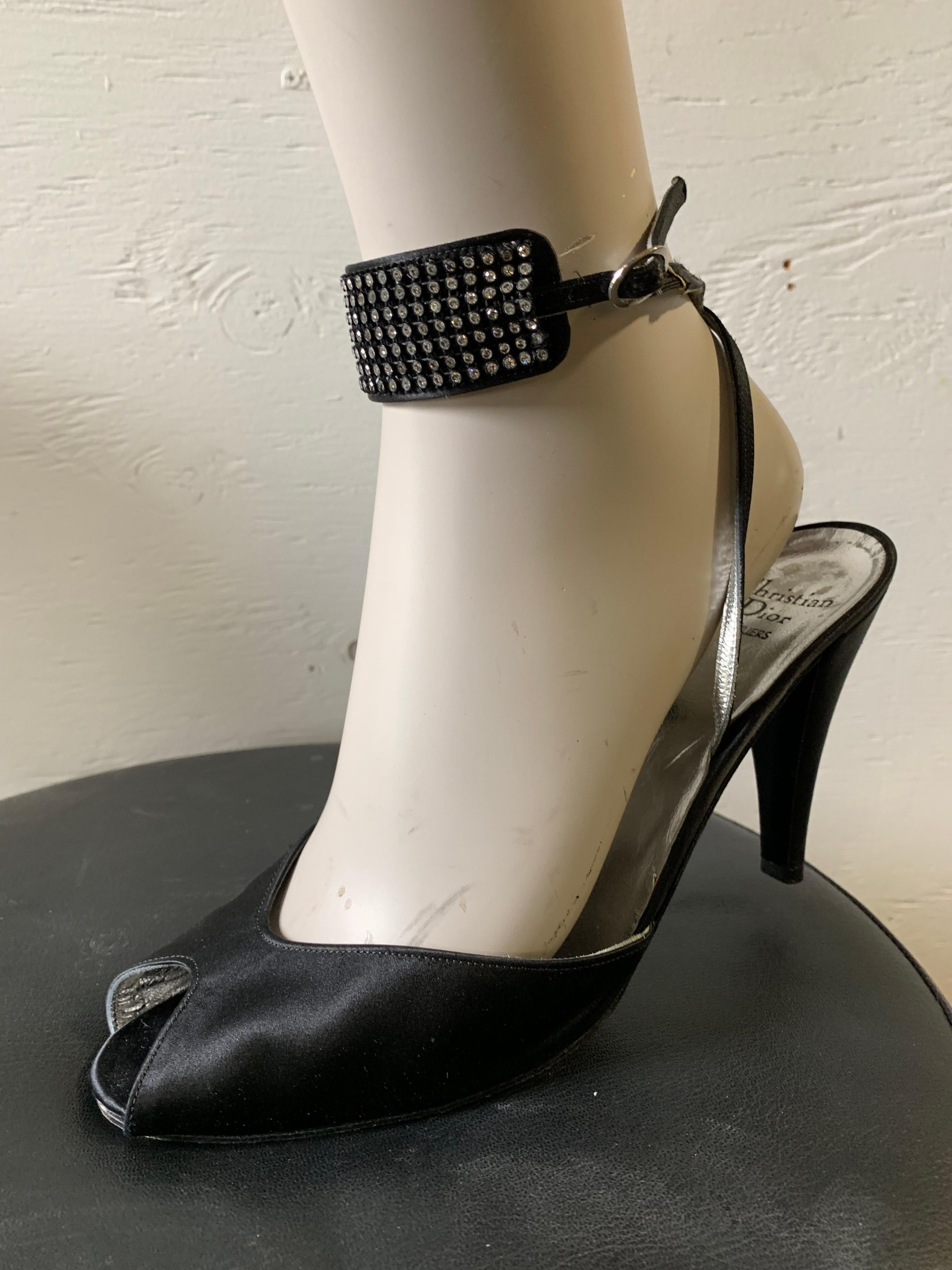 1980s Christian Dior Peau De Soie Ankle-Strap Open-Toe Pumps W/ Rhinestone Trim In Excellent Condition For Sale In Gresham, OR
