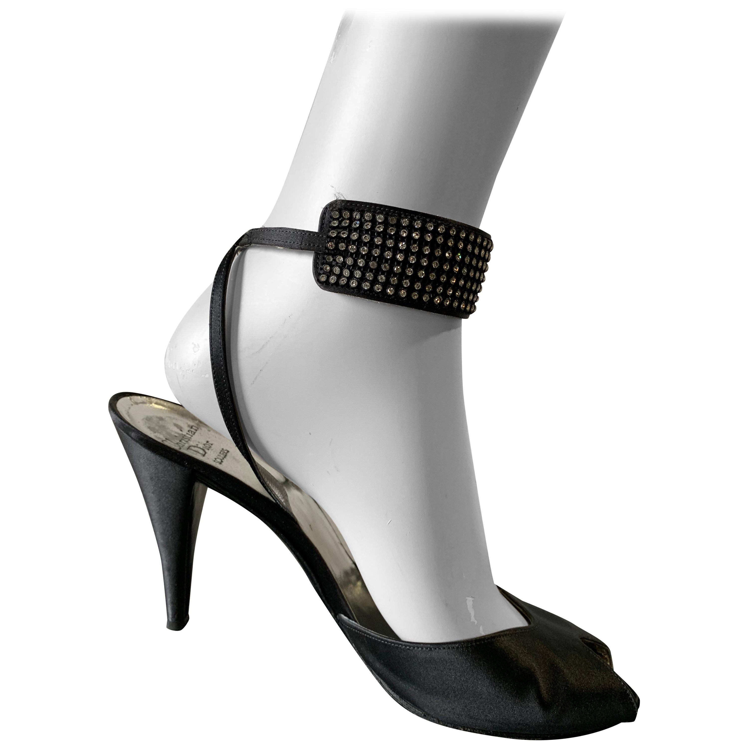1980s Christian Dior Peau De Soie Ankle-Strap Open-Toe Pumps W/ Rhinestone Trim For Sale