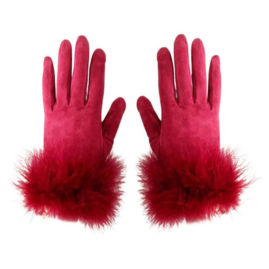 1980s Christian Dior Strawberry Red Suede Gloves with Feathered Fringes For Sale